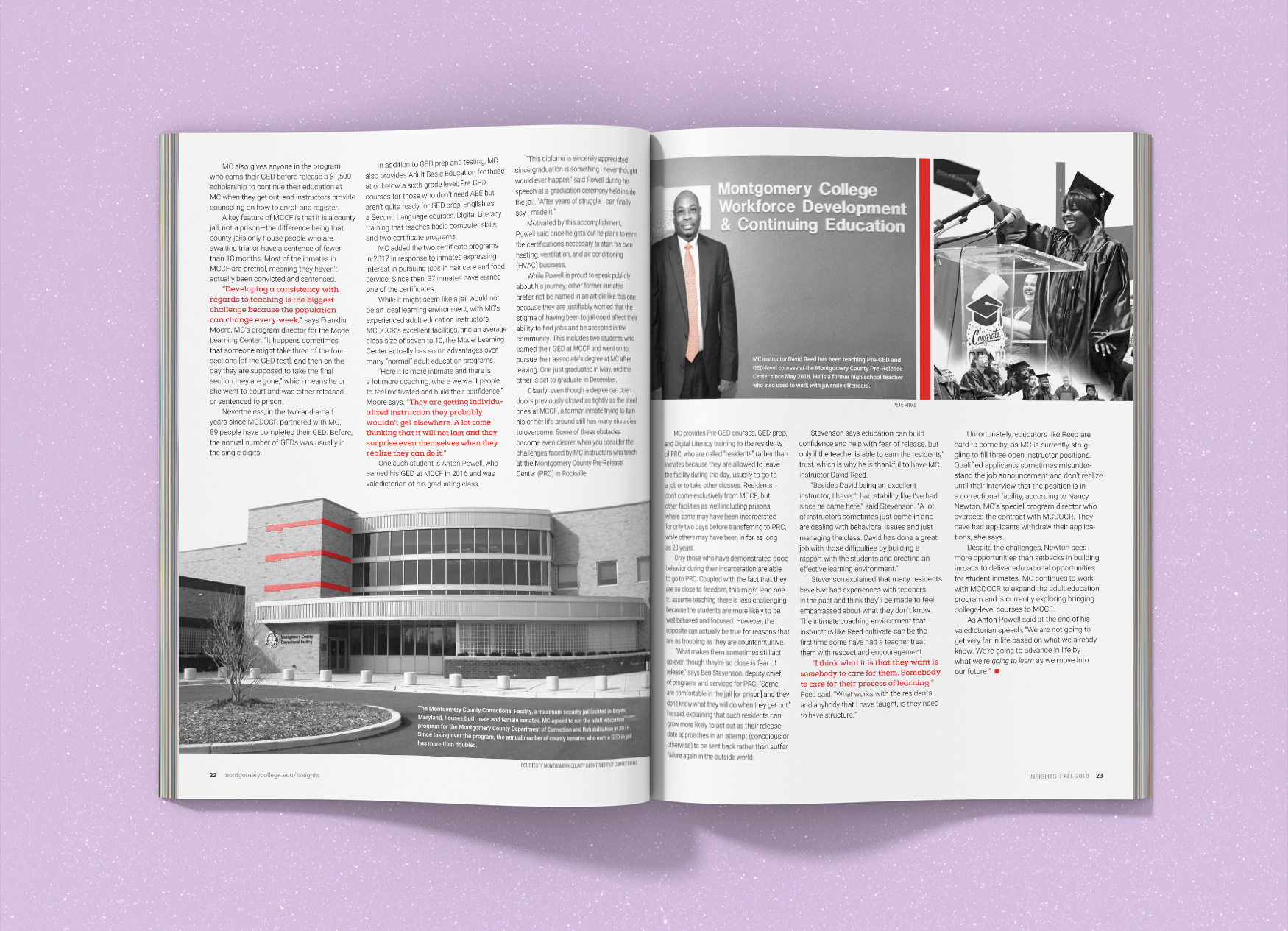 Montgomery College Insights Magazine inside spread about continuing education for incarcerated people.