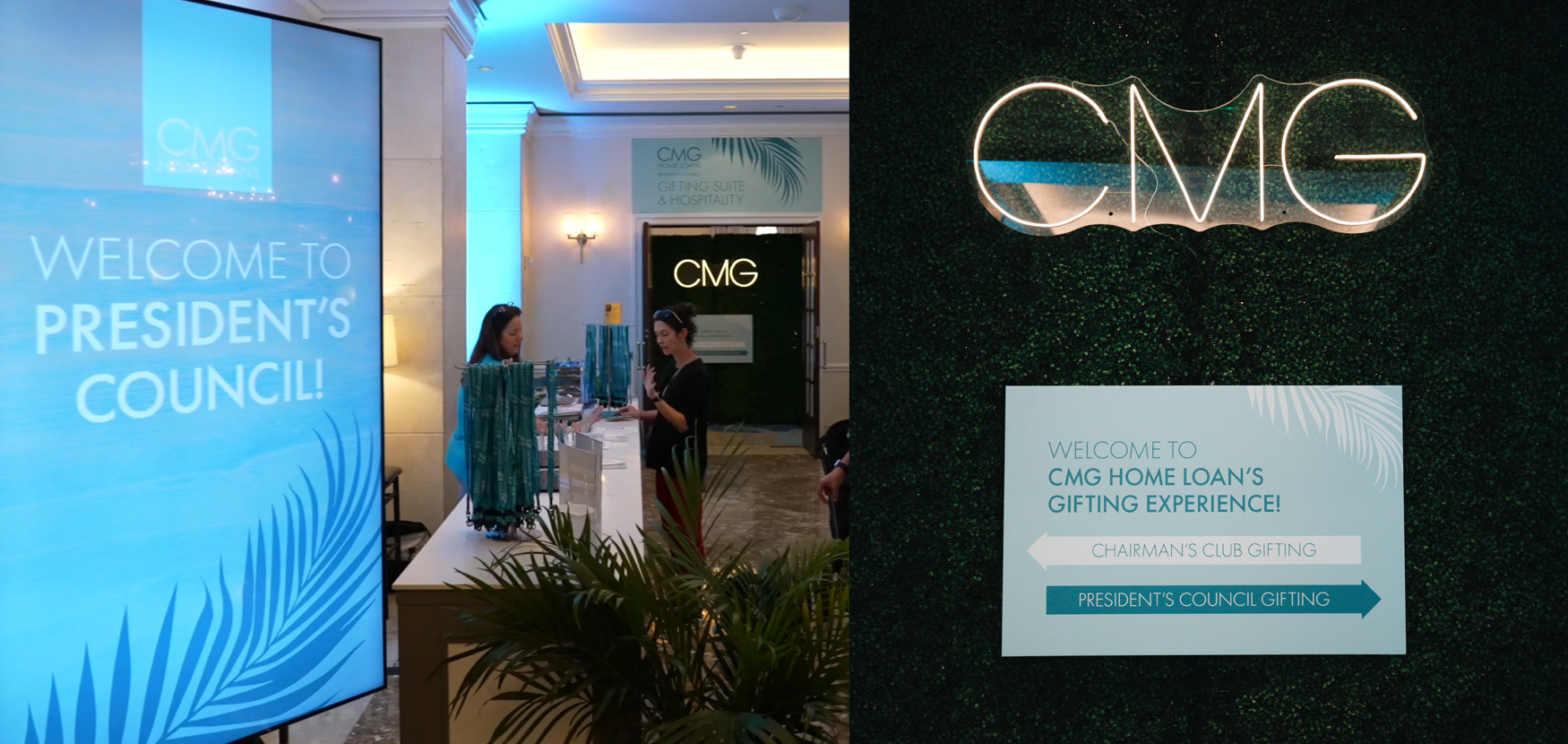 Digital screen sign in the foreground of reception desks with custom event signage on walls.