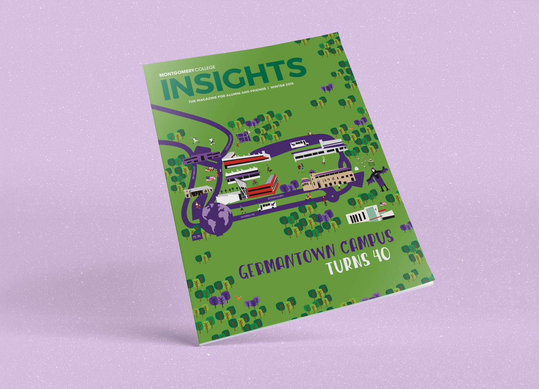 Montgomery College Insights Magazine cover with quirky illustration by Ellen Byrne of the Germantown Campus.