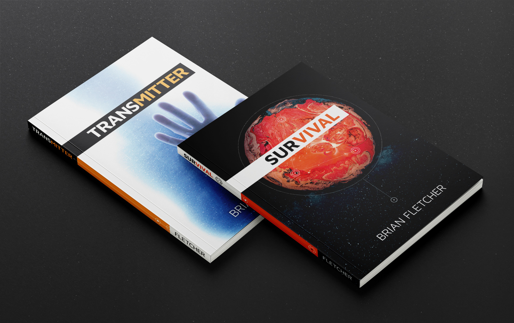 Transmitter and Survival book covers.