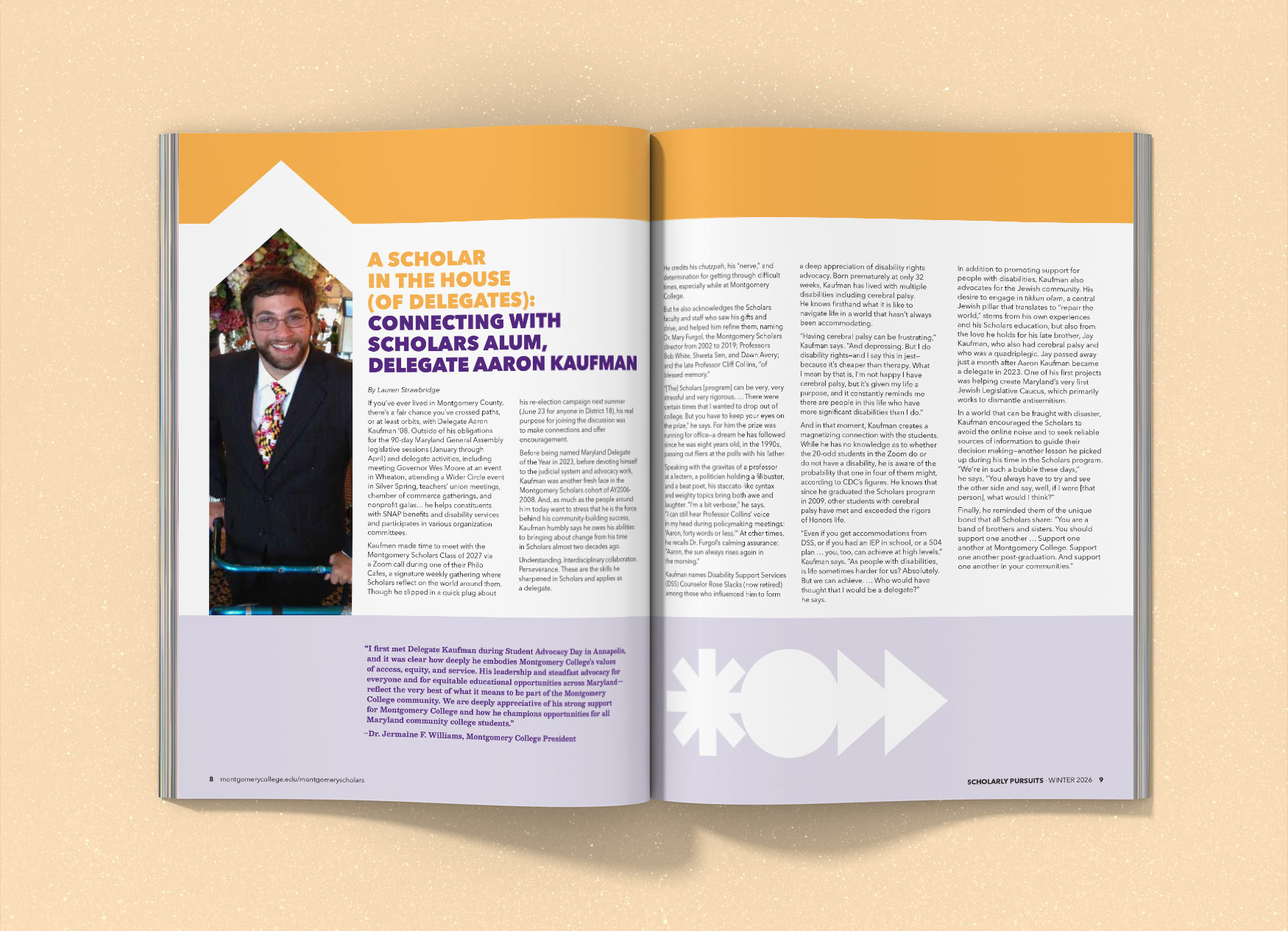 Two page spread about a former MC student.