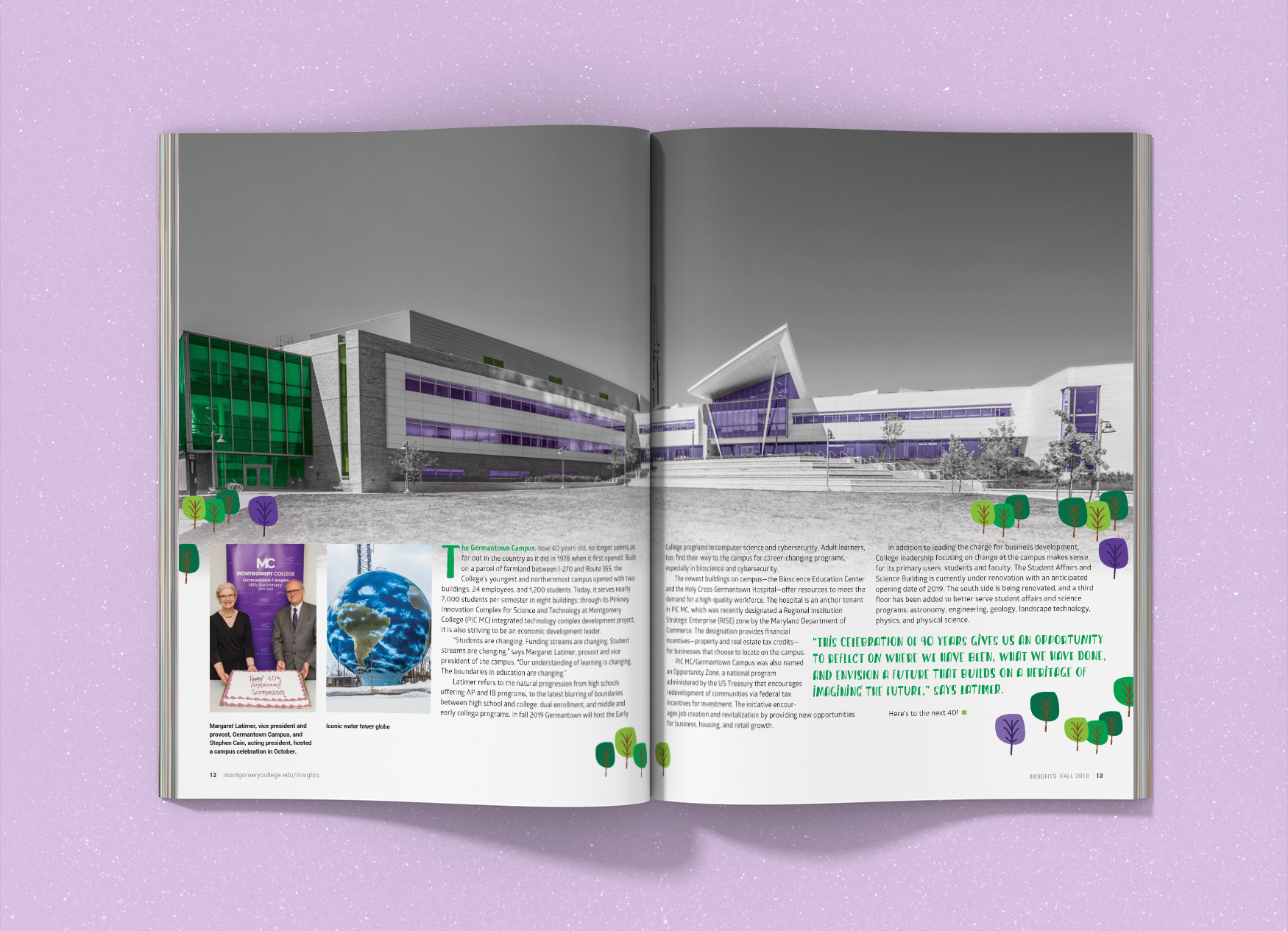 Montgomery College Insights Magazine inside spread of the architectural exterior of the Germantown Campus.