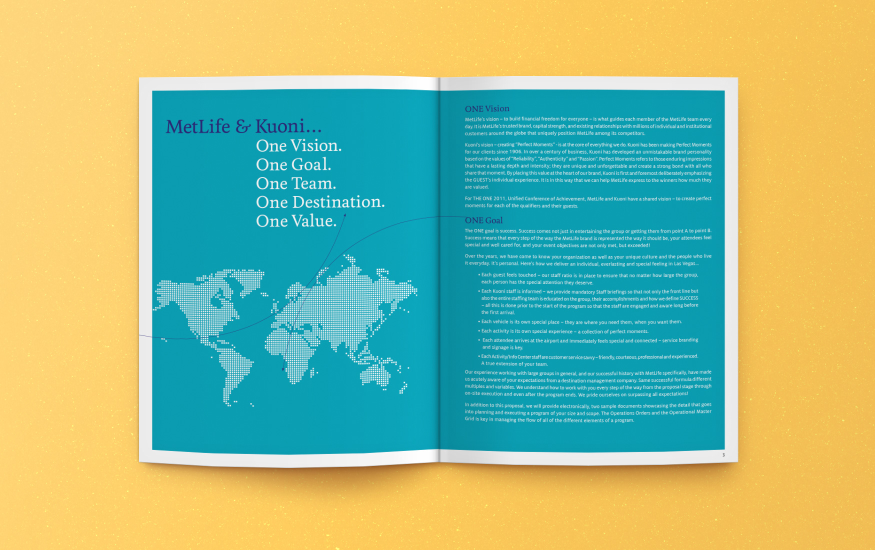 KUONI proposal spread with dot map illustration discussing company goals.