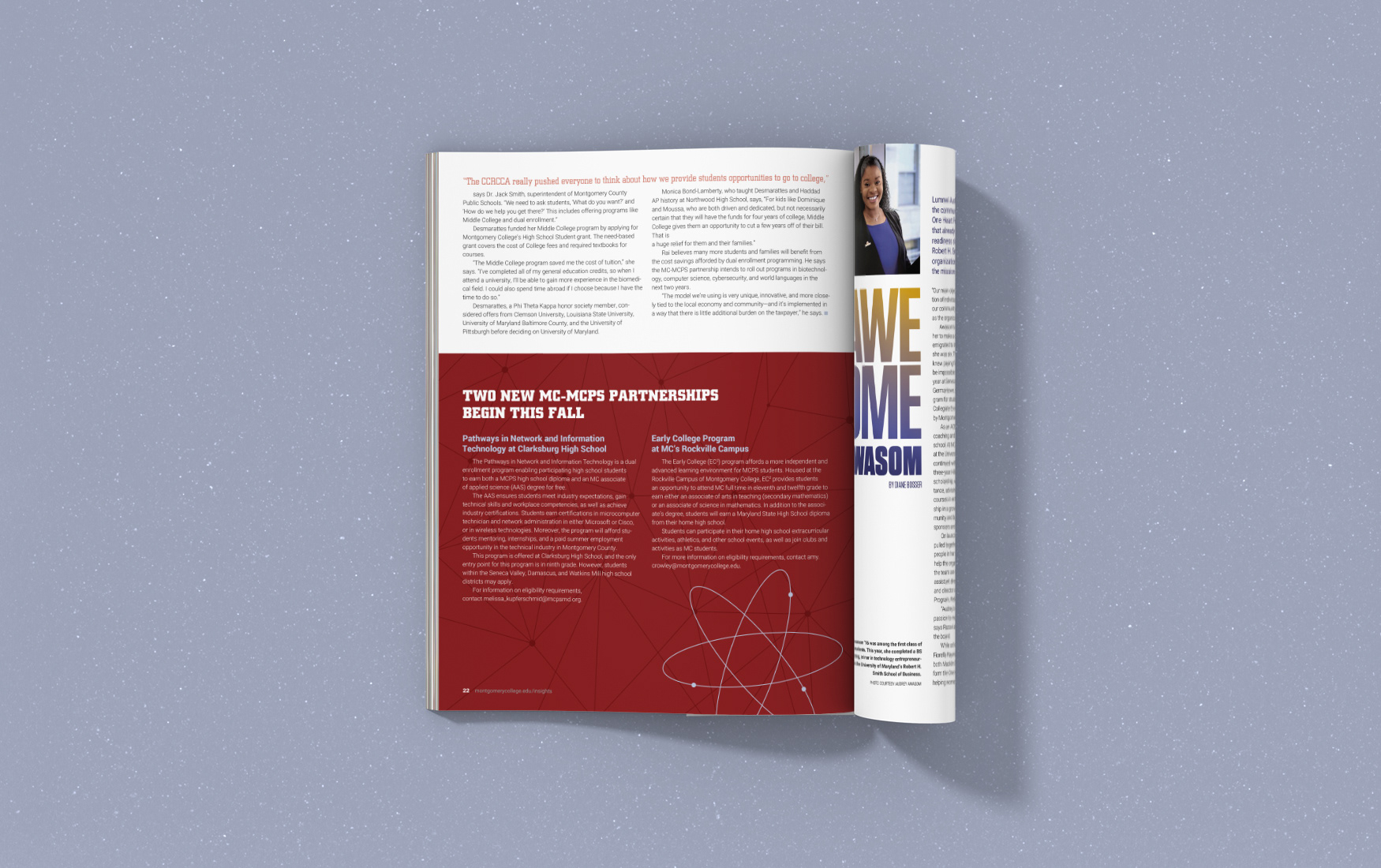 Montgomery College Insights Magazine inside page discussing school partnerships.