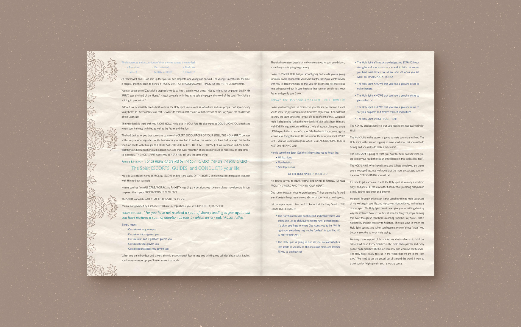 Mark Chironna Ministries newsletter inside two panels for The Spirit, The Presence, The Power.