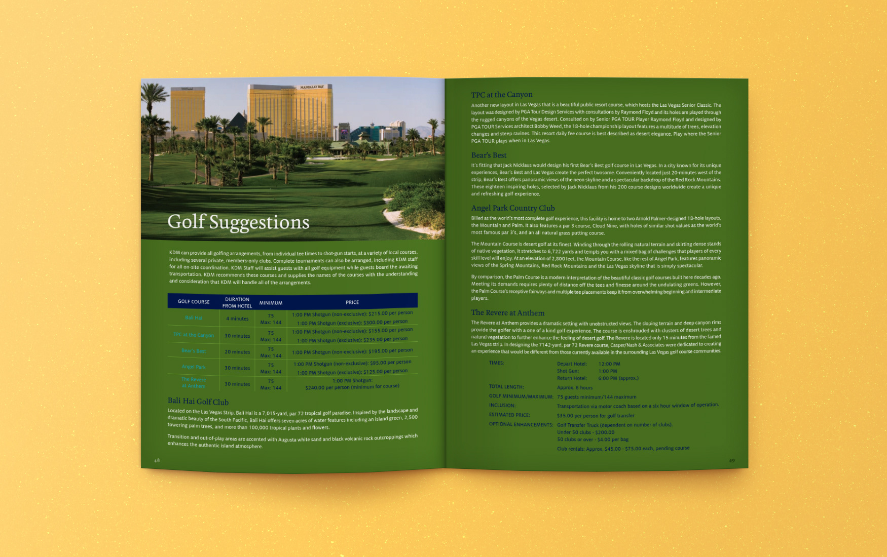 KUONI proposal spread with location, time, and pricing for golf activities.