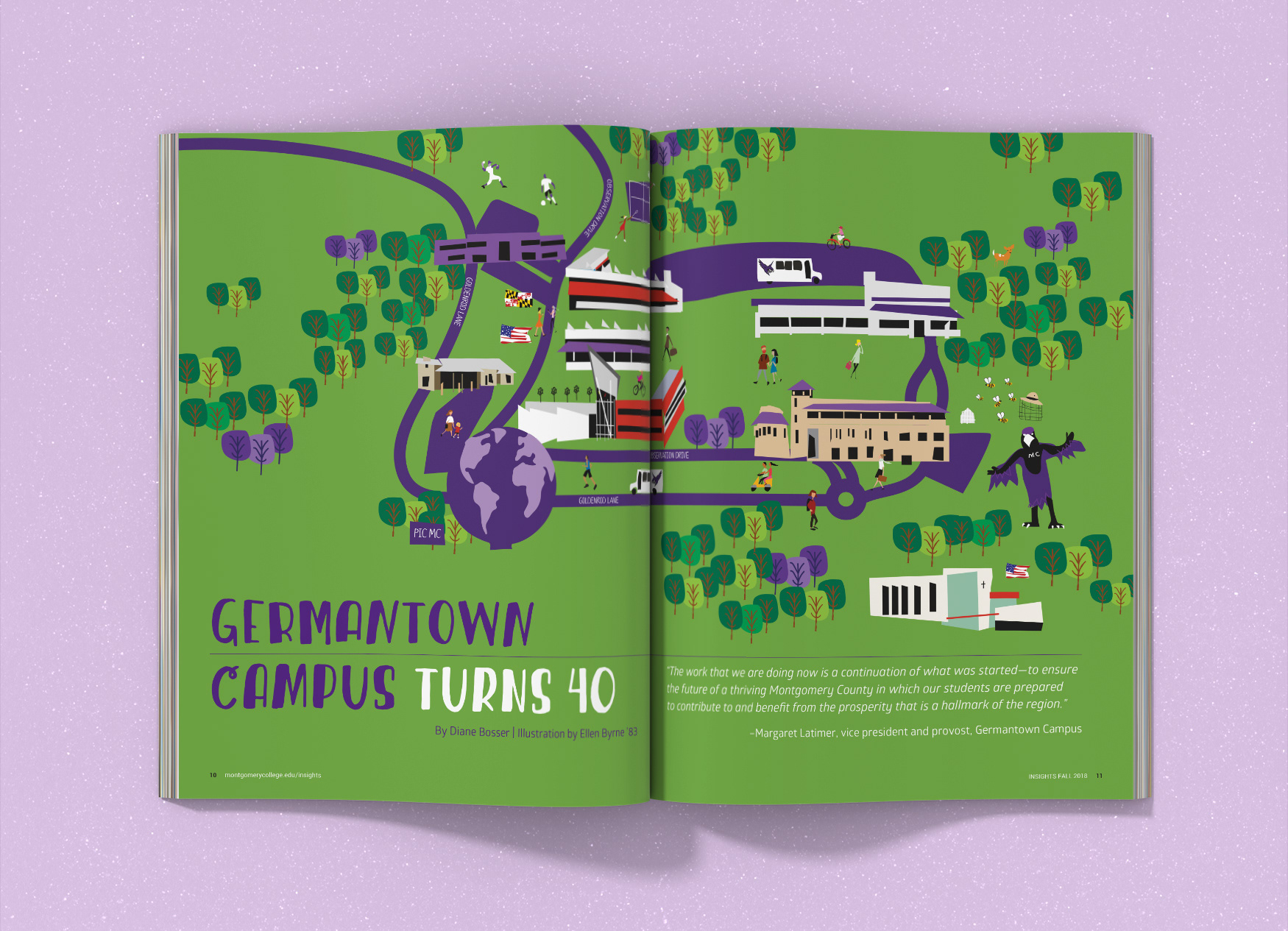 Montgomery College Insights Magazine inside spread with quirky illustration by Ellen Byrne of the Germantown Campus in celebration of it's 40th birthday.
