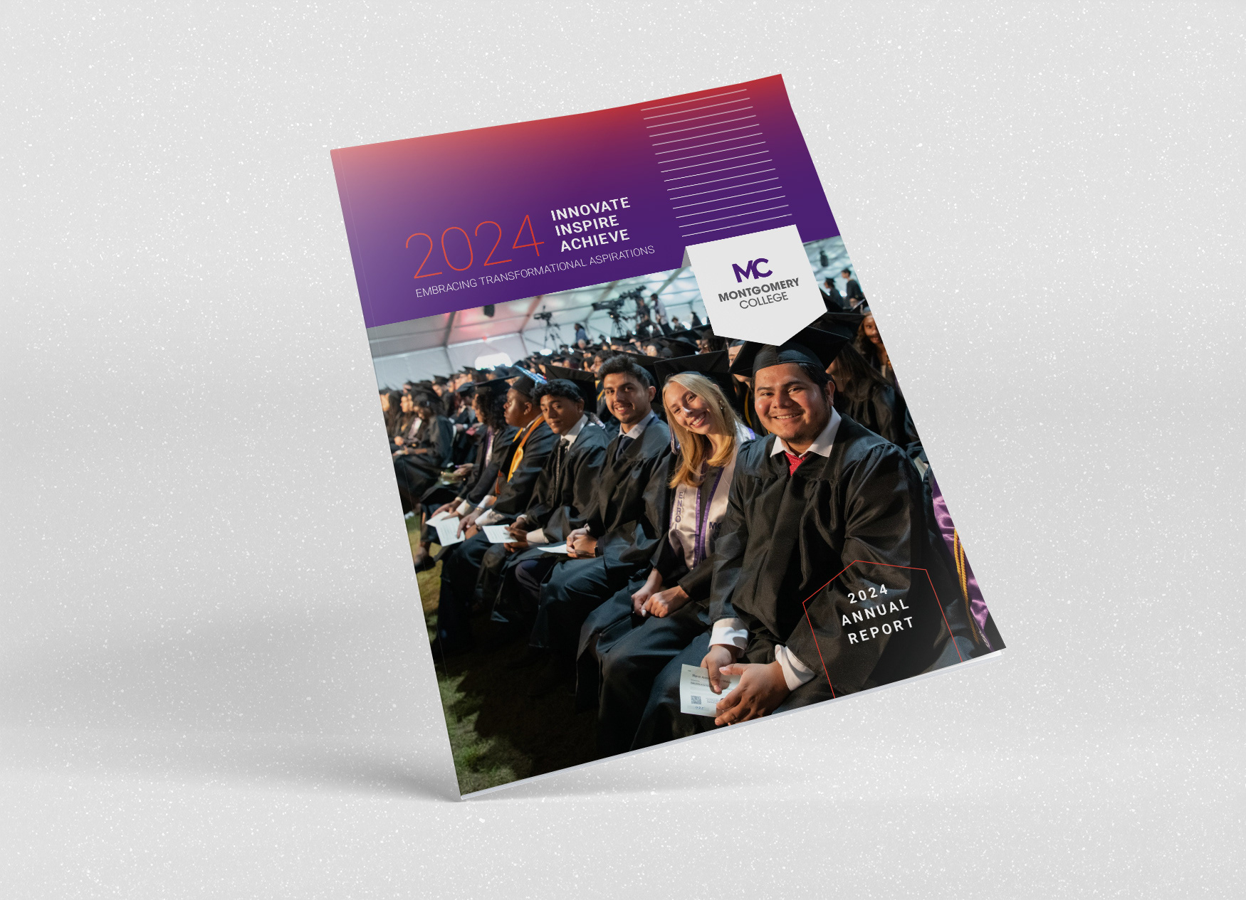 Montgomery College Foundation annual report cover with line and arrow art over a photo of students at graduation.