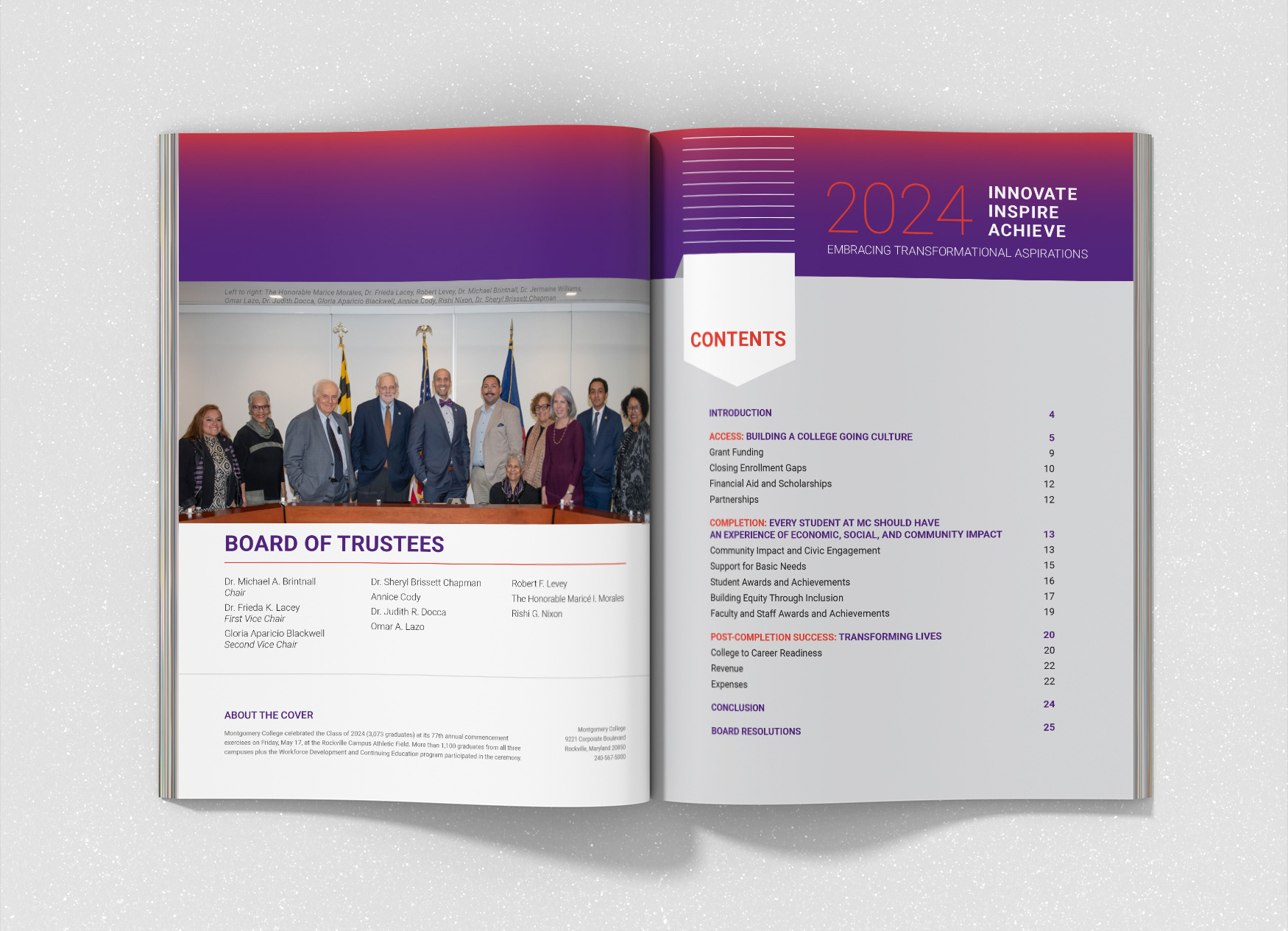 Two page spread with the Board of Trustees and the Contents page.