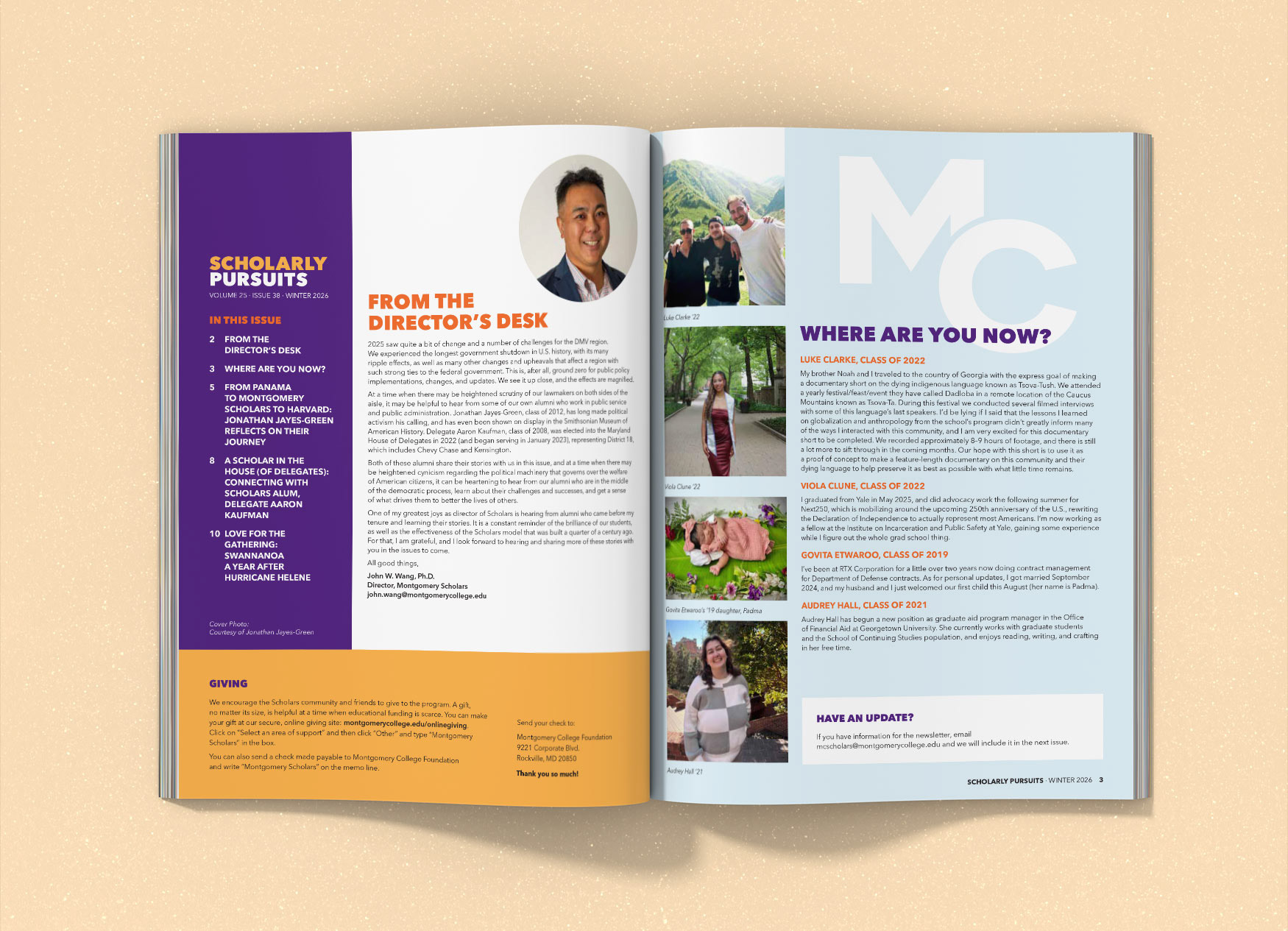 Two page spread with director's letter and alumni where are you now info.
