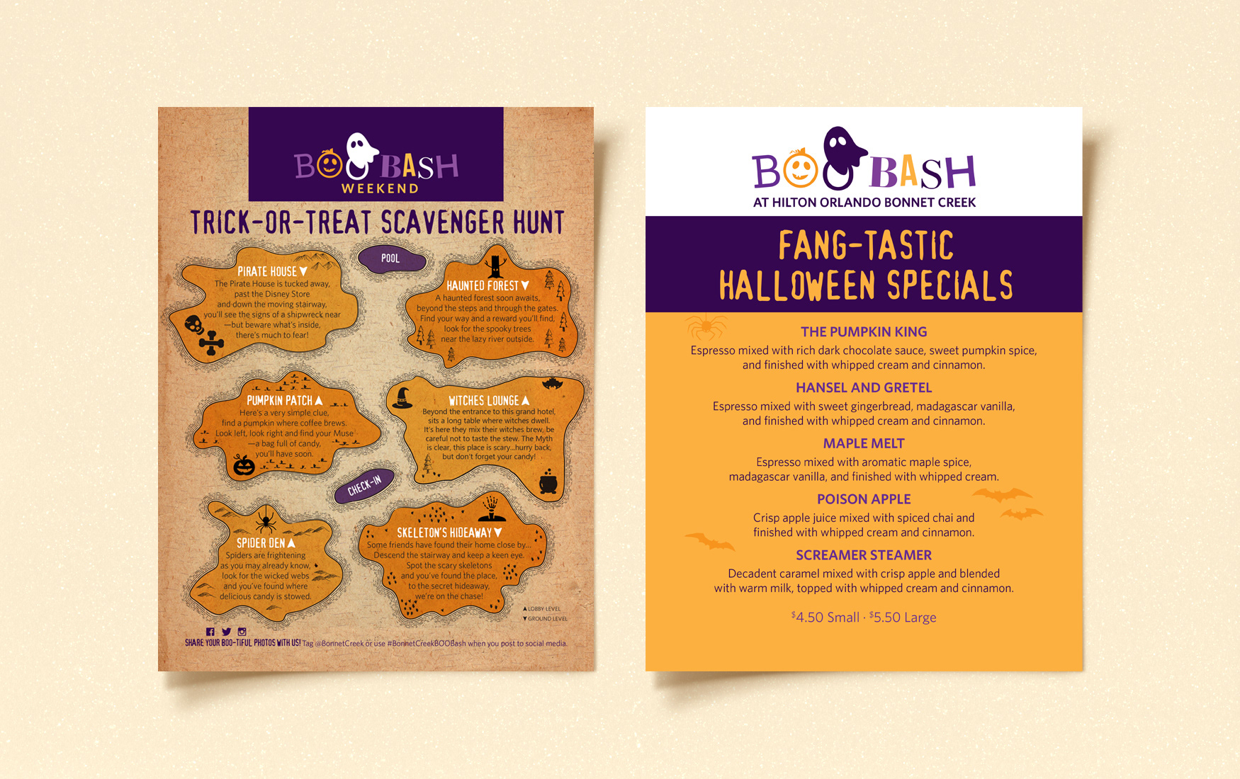 Hilton Orlando Bonnet Creek Boo Bash Weekend Halloween pirate treasure-themed scavenger hunt flyer and drink menu.