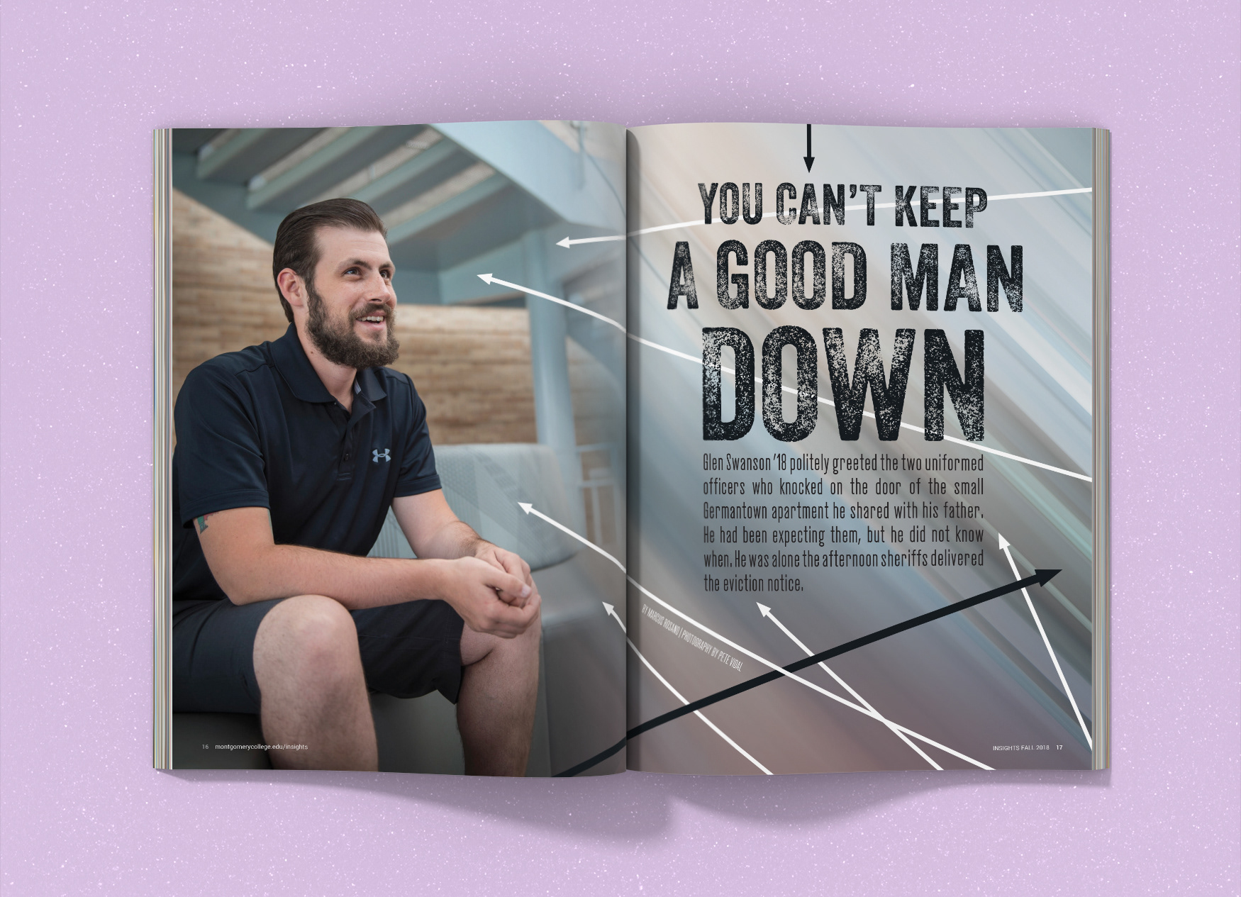 Montgomery College Insights Magazine inside spread titled You Can't Keep a Good Man Down with a smiling man and arrow design elements.