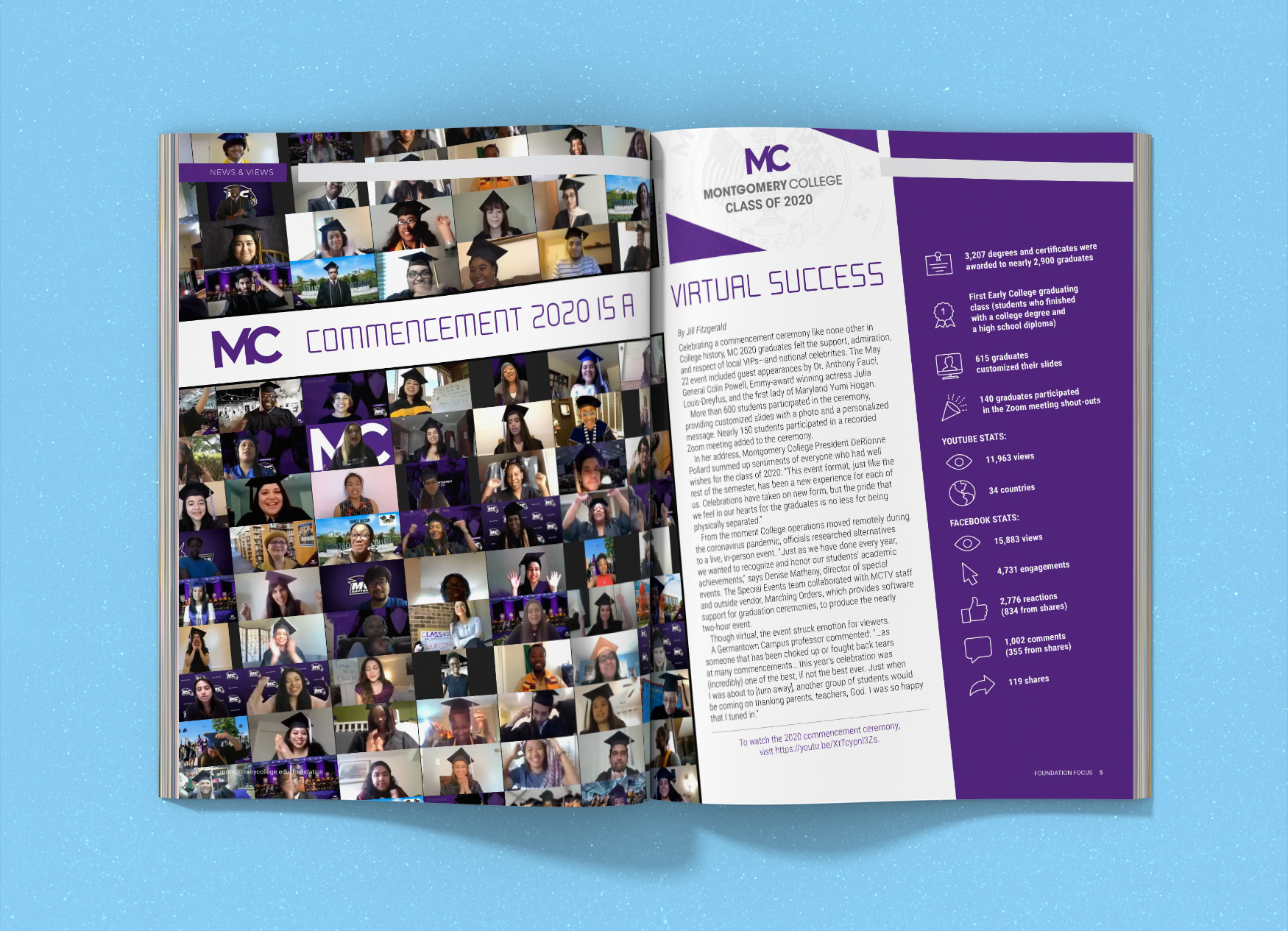 Montgomery College Foundation Focus magazine spread about virtual graduation during the 2020 pandemic.