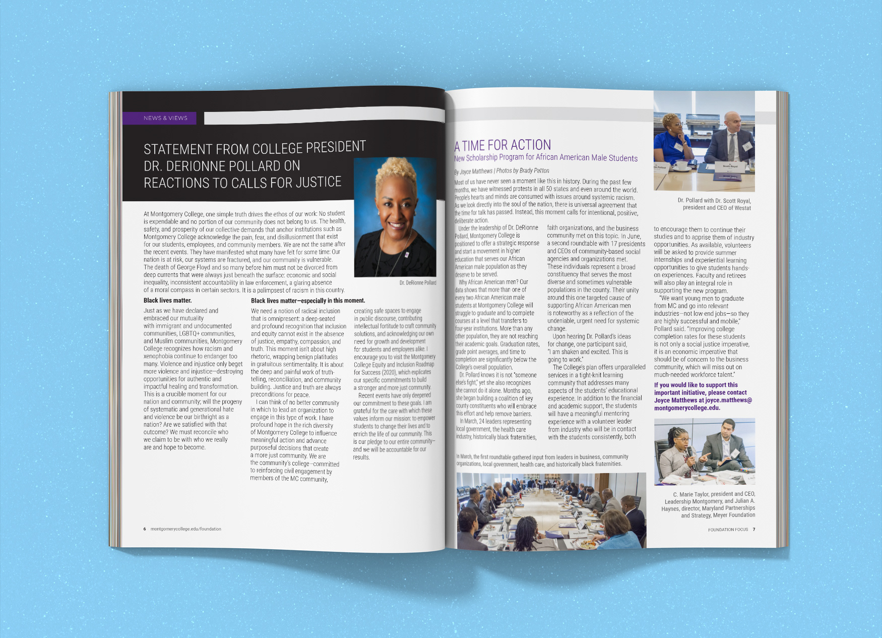Montgomery College Foundation Focus magazine spread discussing Black Lives Matter and racial justice.