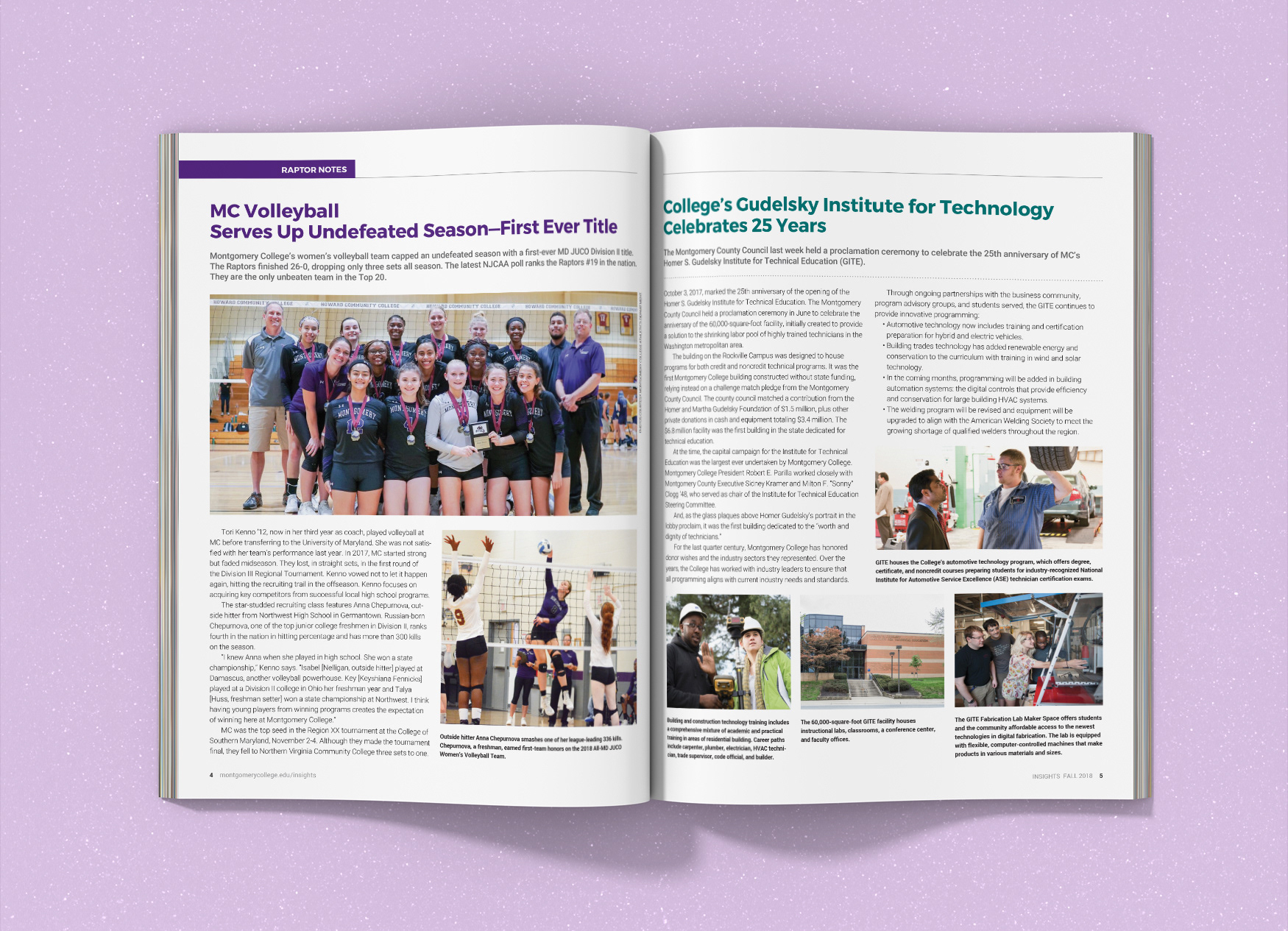 Montgomery College Insights Magazine inside spread celebrating the first undefeated season for women's volleyball and the 25th year of the Institute of Technology.