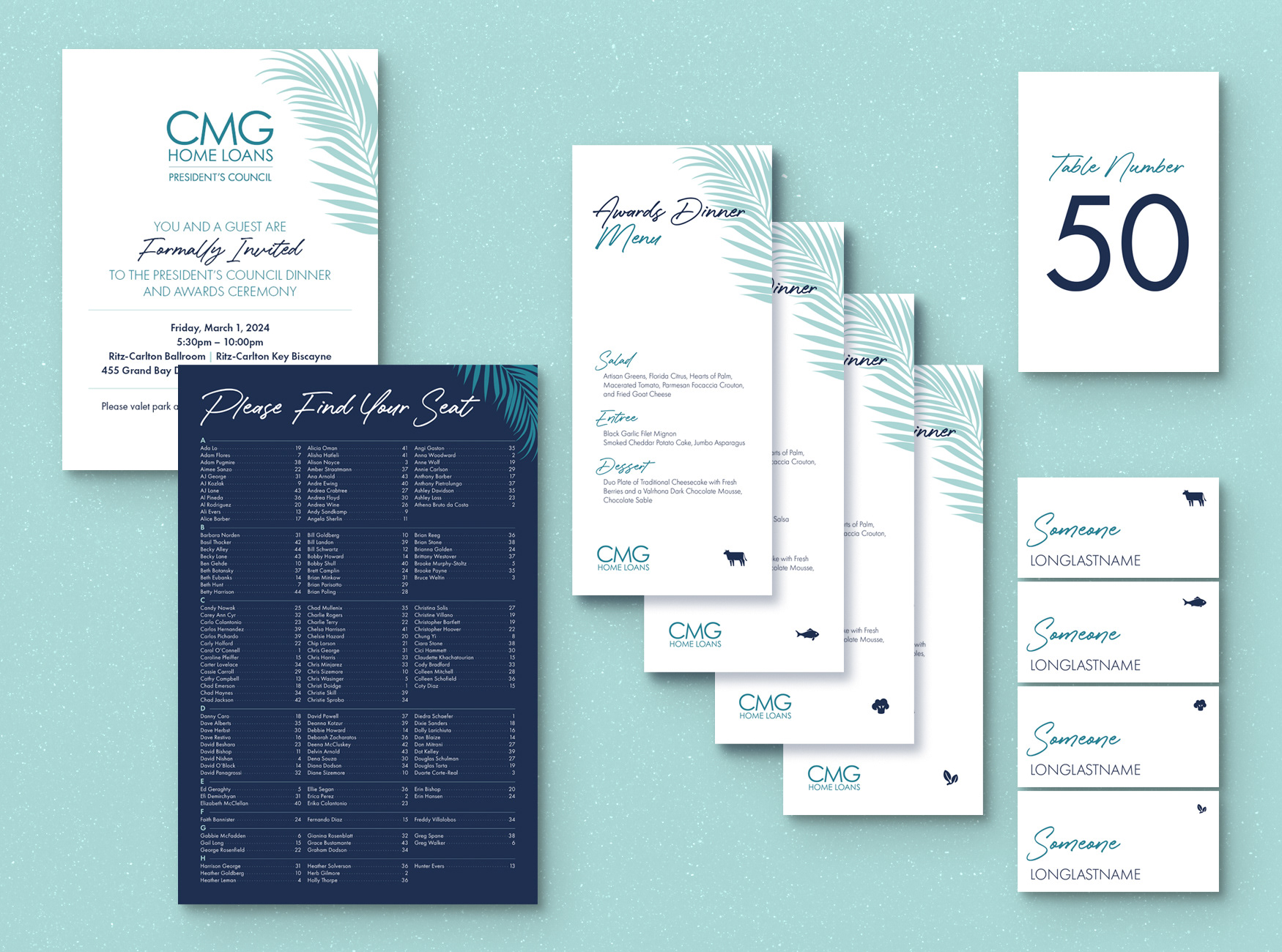 Design samples of invitation, seating chart, menus, place cards, and table numbers.