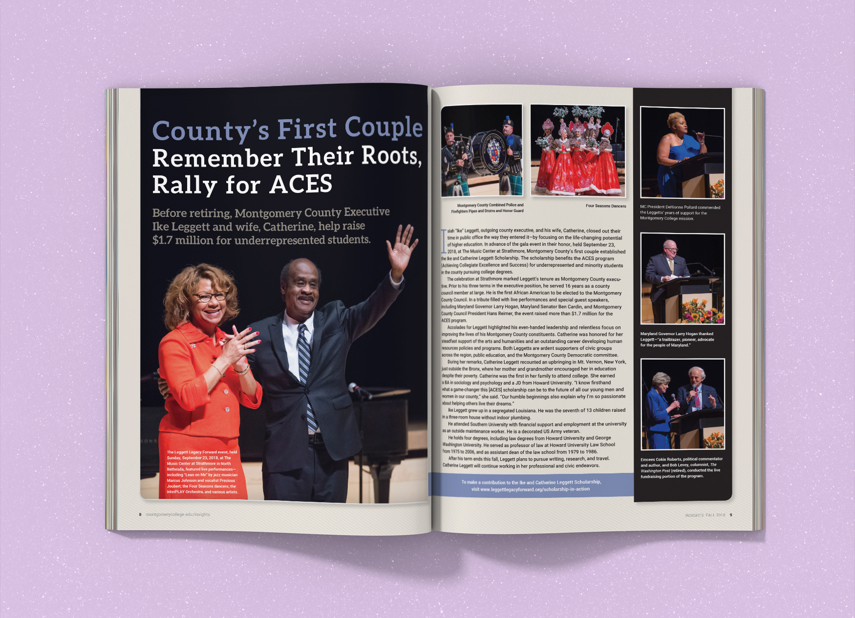 Montgomery College Insights Magazine inside spread about Ike and Catherine Leggett and their scholarship fund.