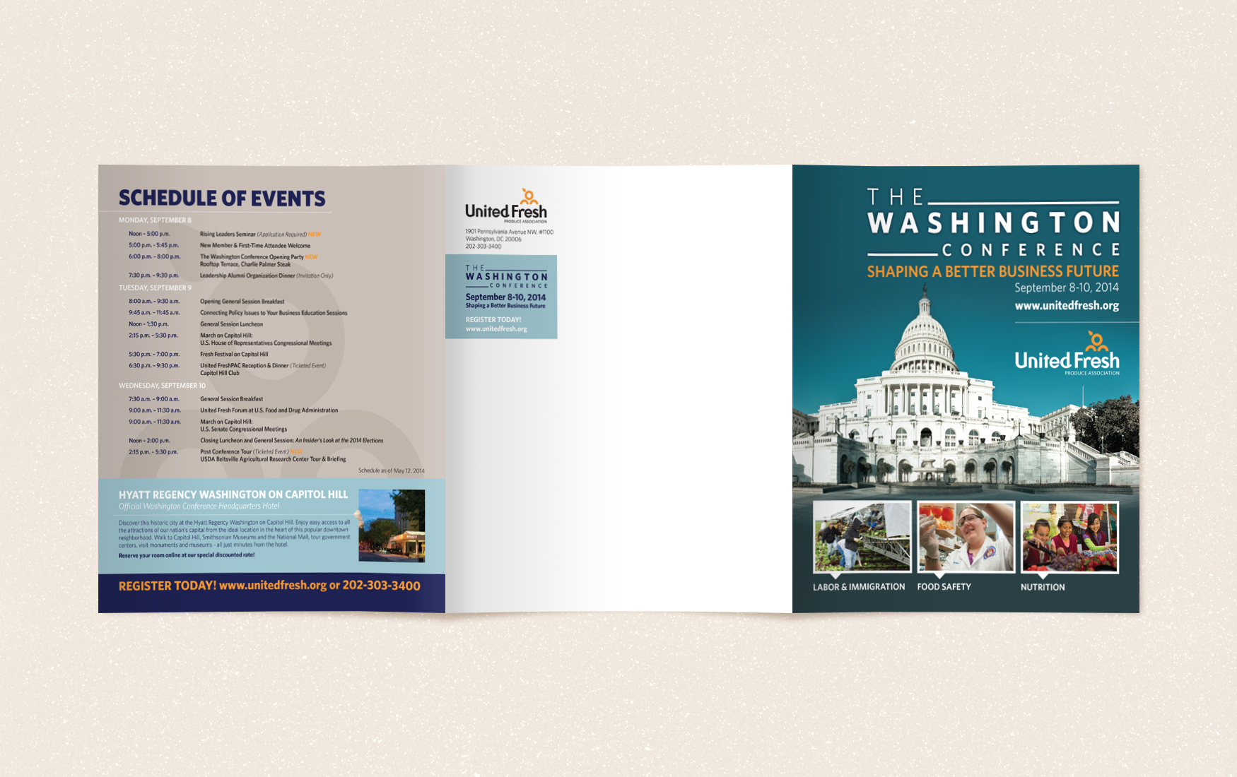 United Fresh Washington Conference three panel registration brochure covers.