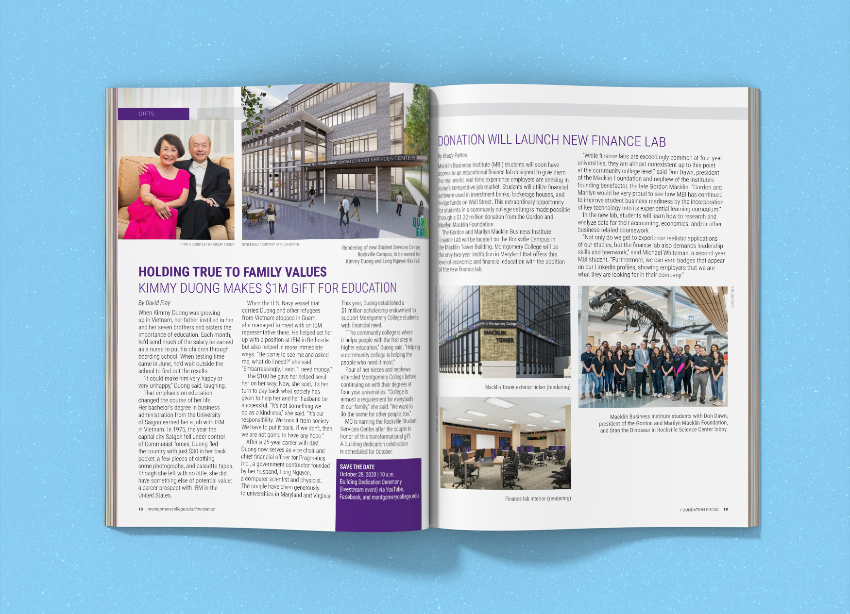 Montgomery College Foundation Focus magazine spread discussing the new student services center and a new lab.