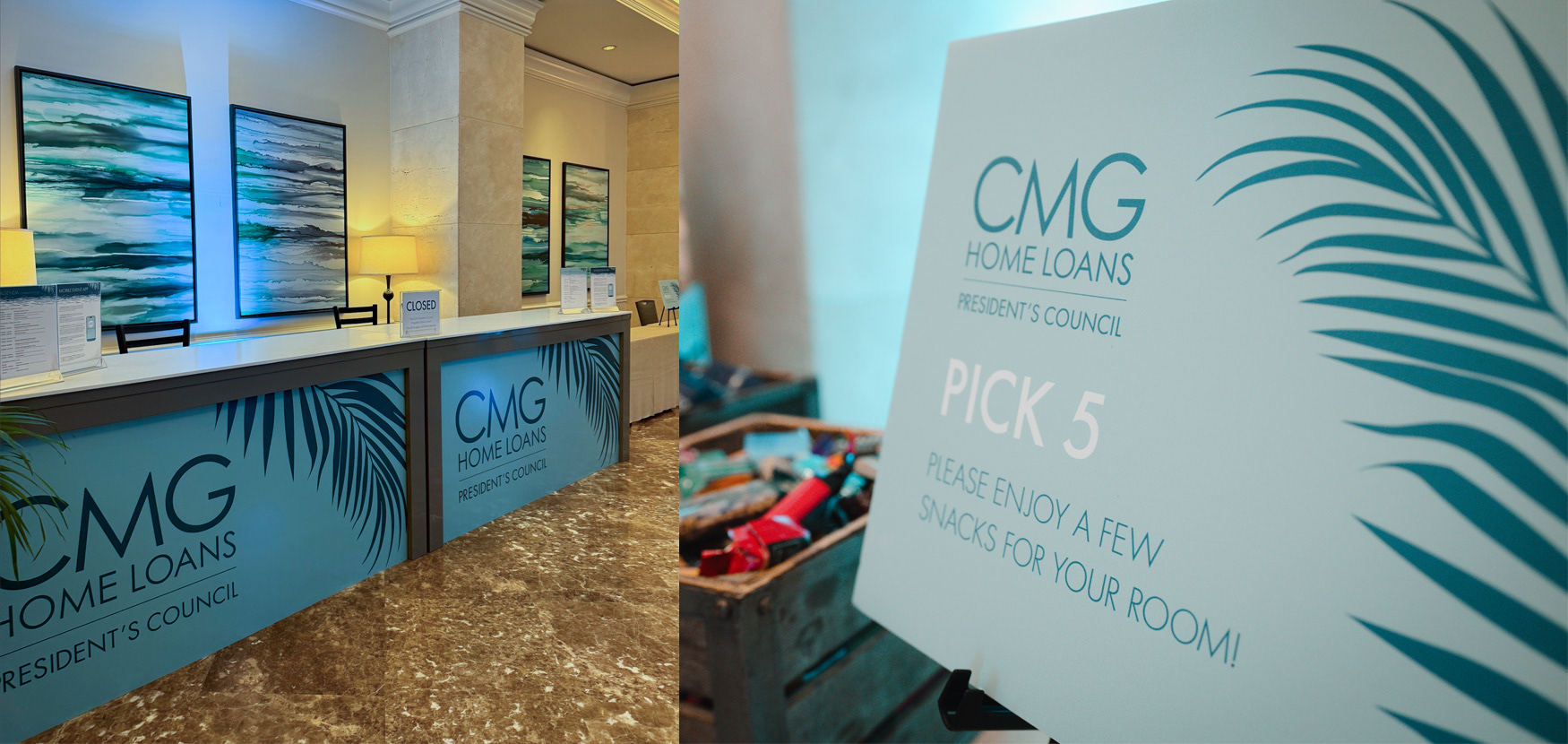 Reception desks with custom front signage to match the event. Foam board sign for snacks.