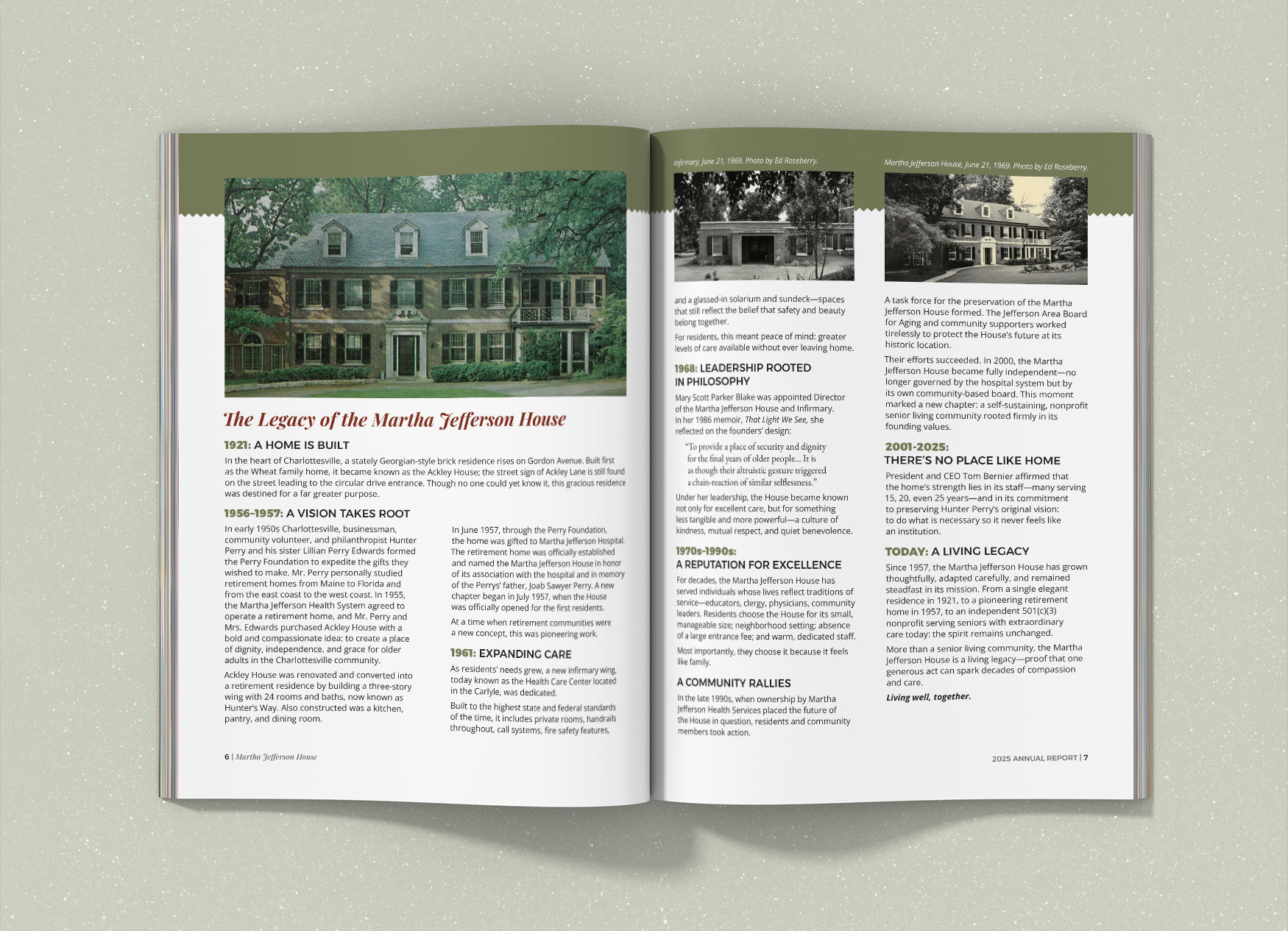 Two page spread listing the timeline of the Martha Jefferson House.