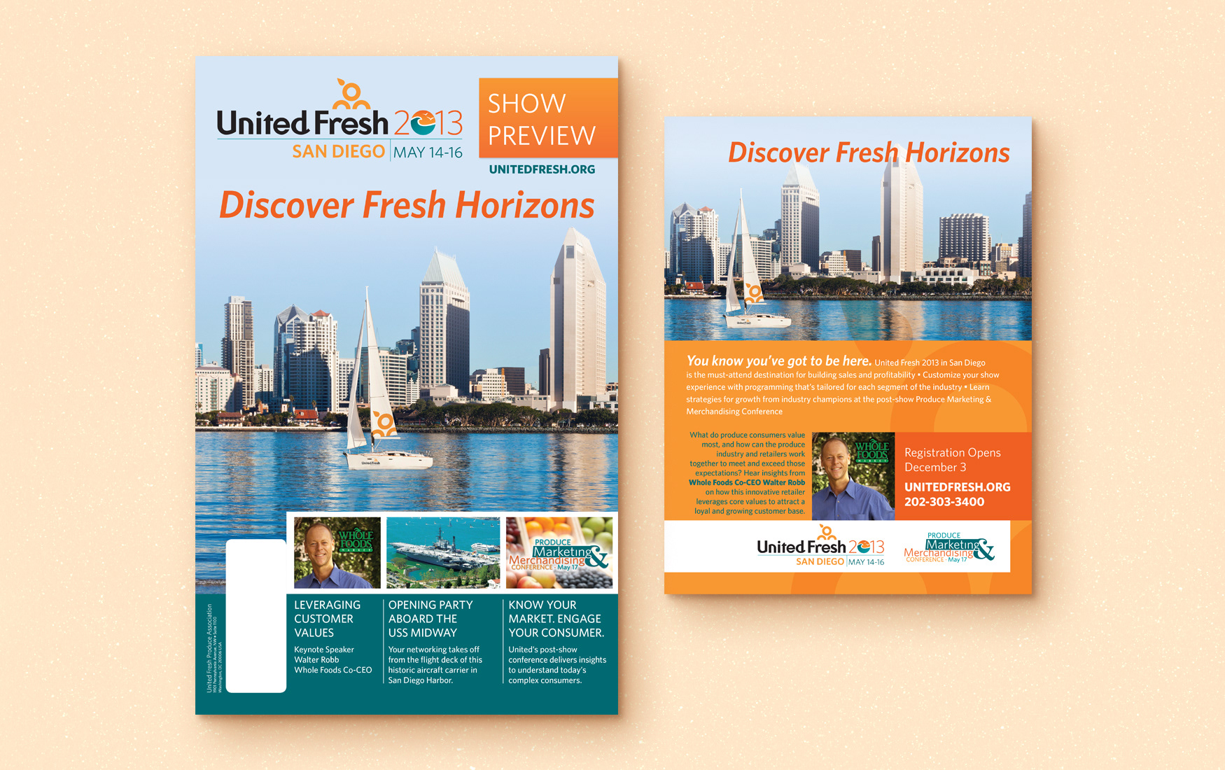 United Fresh San Diego Conference logo, show preview magazine cover, and ad.