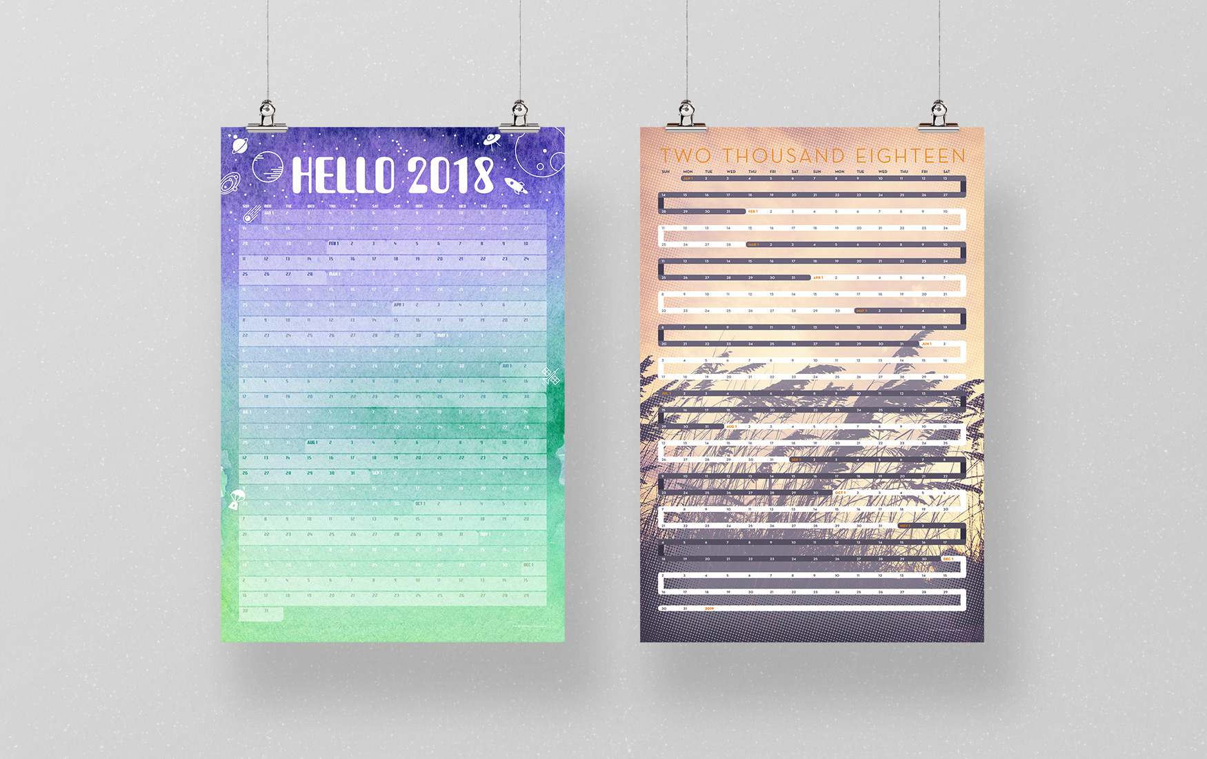 Two poster sized wall calendars with a space and a beach theme.