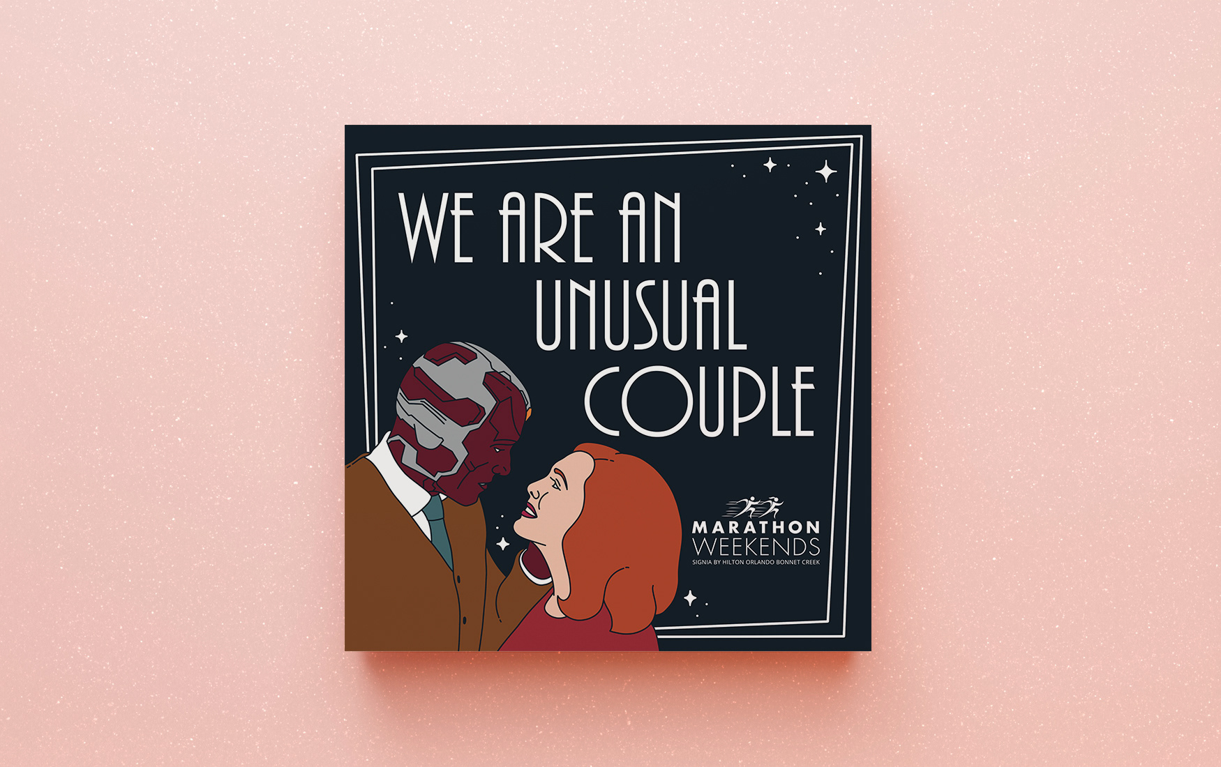 Hilton Marathon Weekends square sign with stylized illustration of  Wanda and Vision.