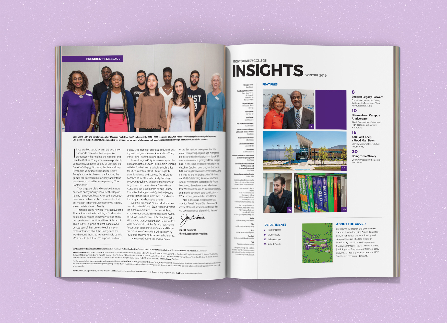 Montgomery College Insights Magazine inside spread of the university President's message and contents page.