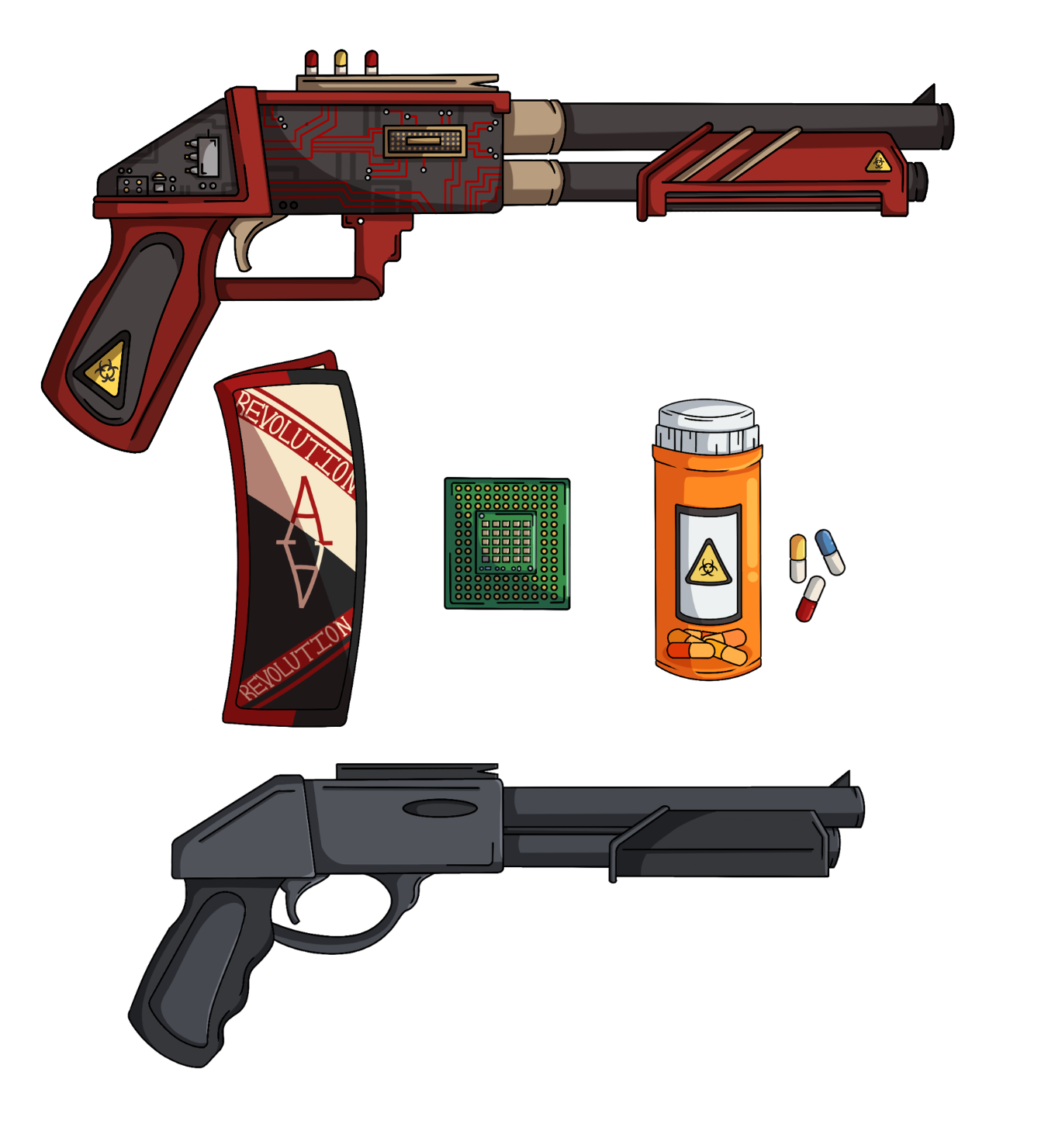 Heads Will Burst: Revolutionary Pamphlet, Computer Chip, Dangerous Pills, Shotgun