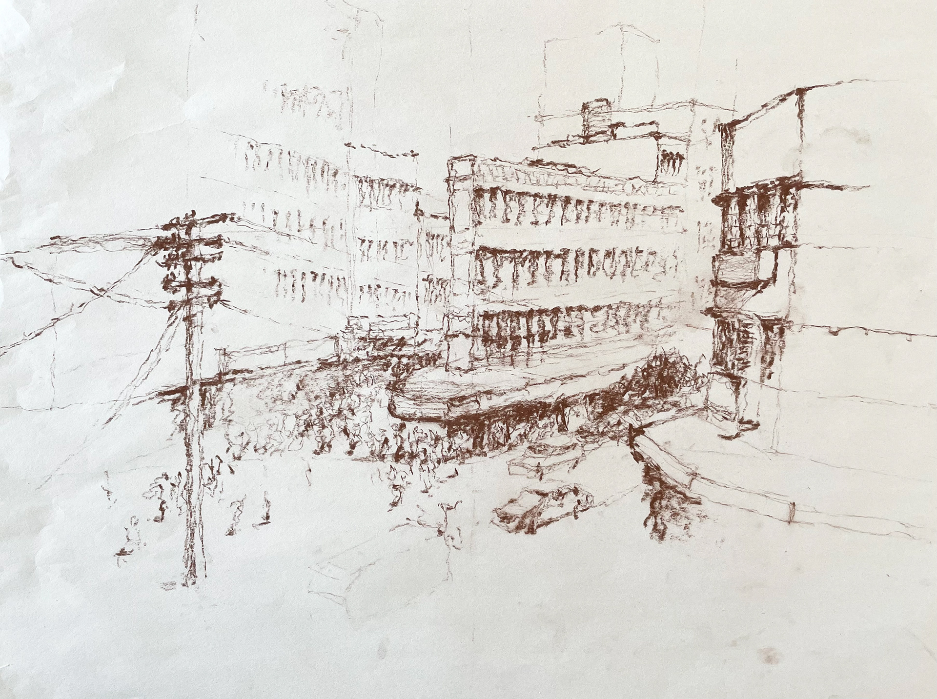 Street Scene Perspective - Conte Crayon on Newsprint