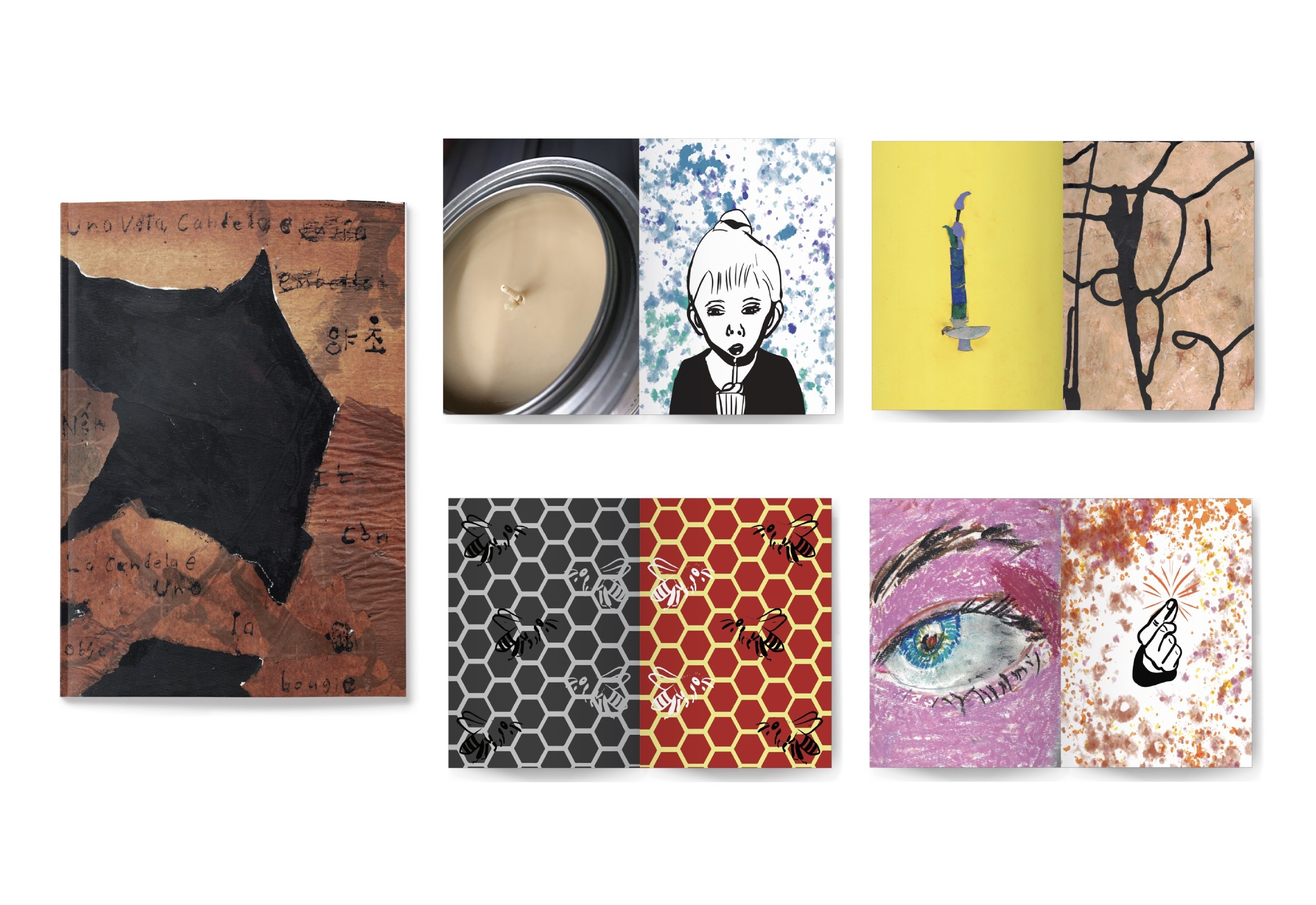 Book cover with baked parchment paper and four spreads of a candle, girl blowing out a candle, paper candle, ink, honey bees, eye, and someone snapping their fingers