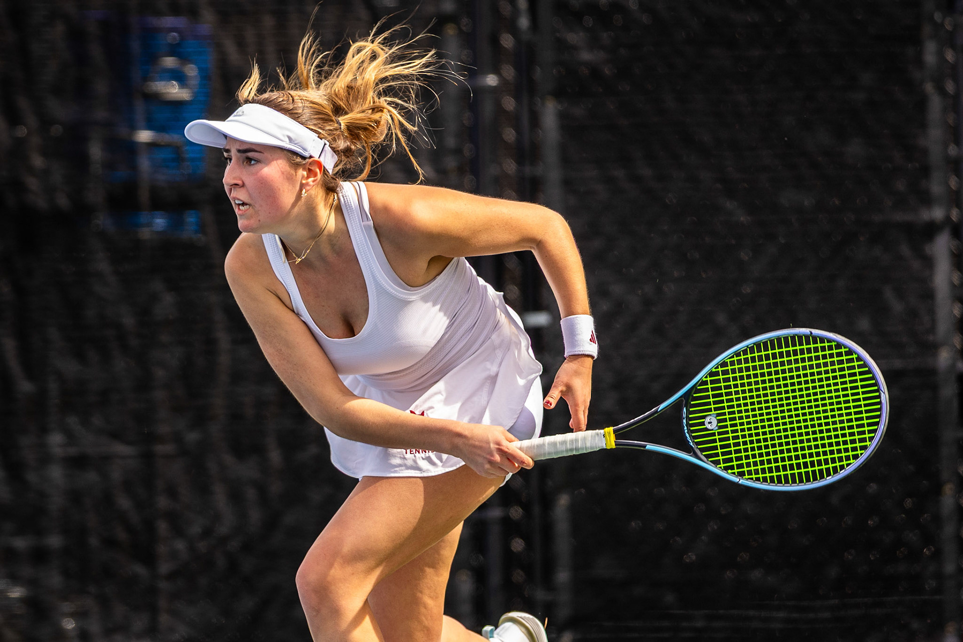 2026 April 12 -- Bates College Tennis Courts: Bates Womens Tennis matches against Amherst College on a warm, bright afternoon on the outside courts. This match includes seniors Grace LaFountain and Isabella Saul on the "senior day" celebration. (Sammy Weidenthal '27/Bates College)