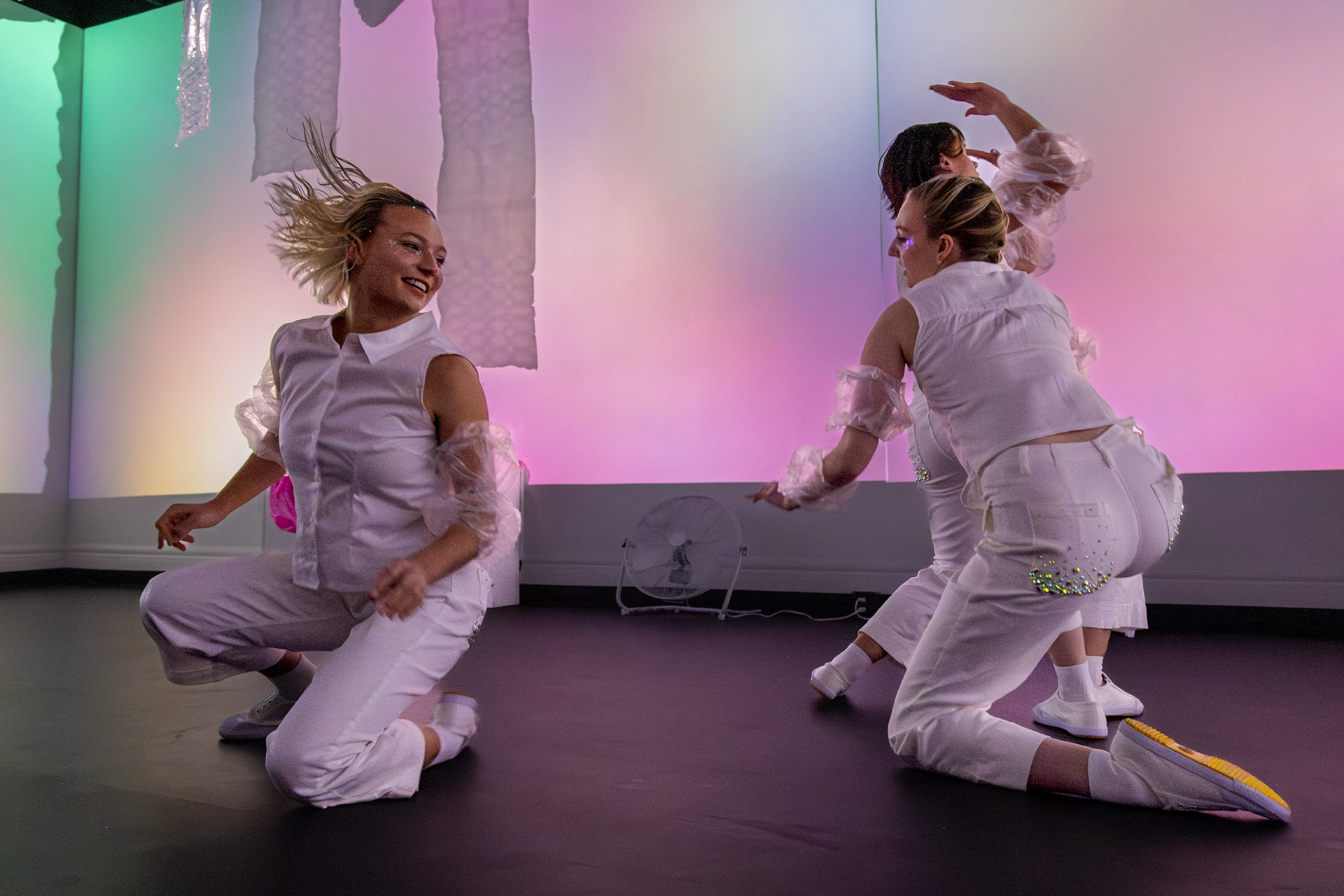 LEWISTON, Maine – Dancers perform in My Love Is Like Eternity, a choreographic thesis by Lola Buczkowski ’25, on Feb. 12, 2025, at Bates College’s Coram Library Immersive Media Studio. The durational performance invites audiences to experience movement up close in an intimate setting. (Photo by Sammy Weidenthal 2027 for Bates College)