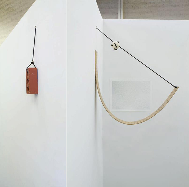 Wifflepunk, 2012. Ceramic wiffle ball, pegboard, brick, rope, wall.