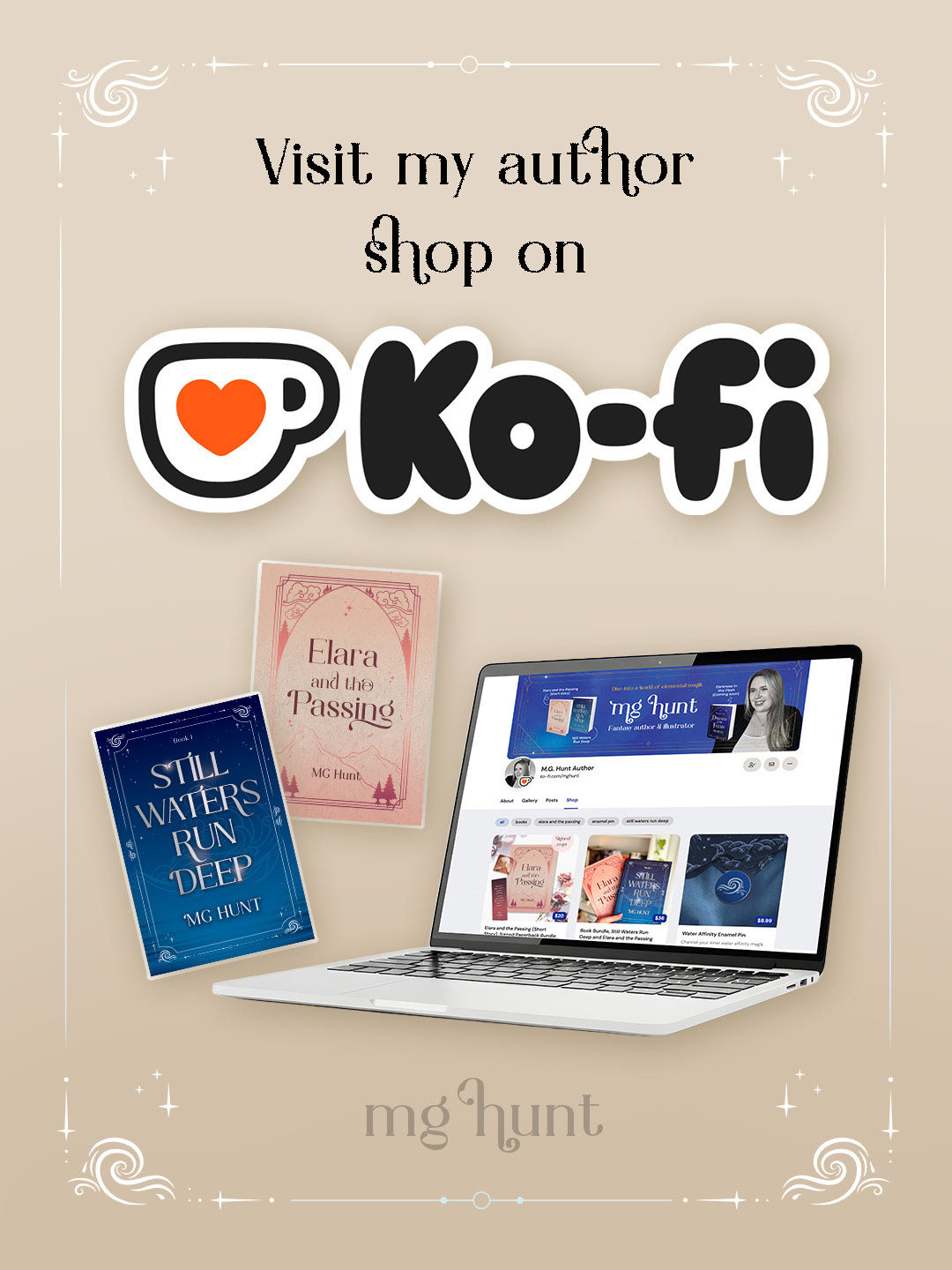 Promotional graphic for MG Hunt’s Ko‑fi author shop featuring two book covers and a laptop displaying the shop page..
