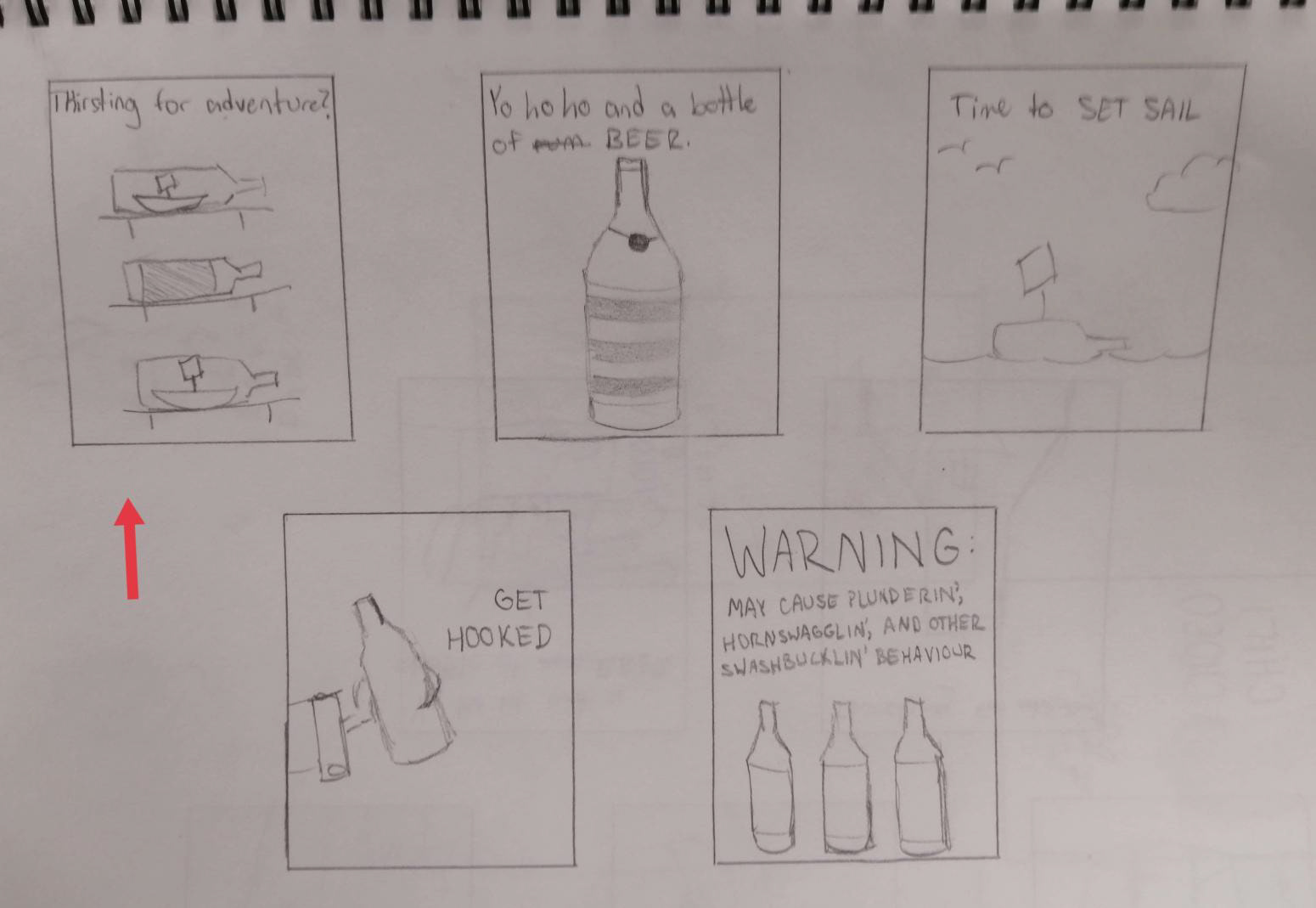 Five more of my initial concept sketches. One of the sketches I considered developing further is indicated with a red arrow.