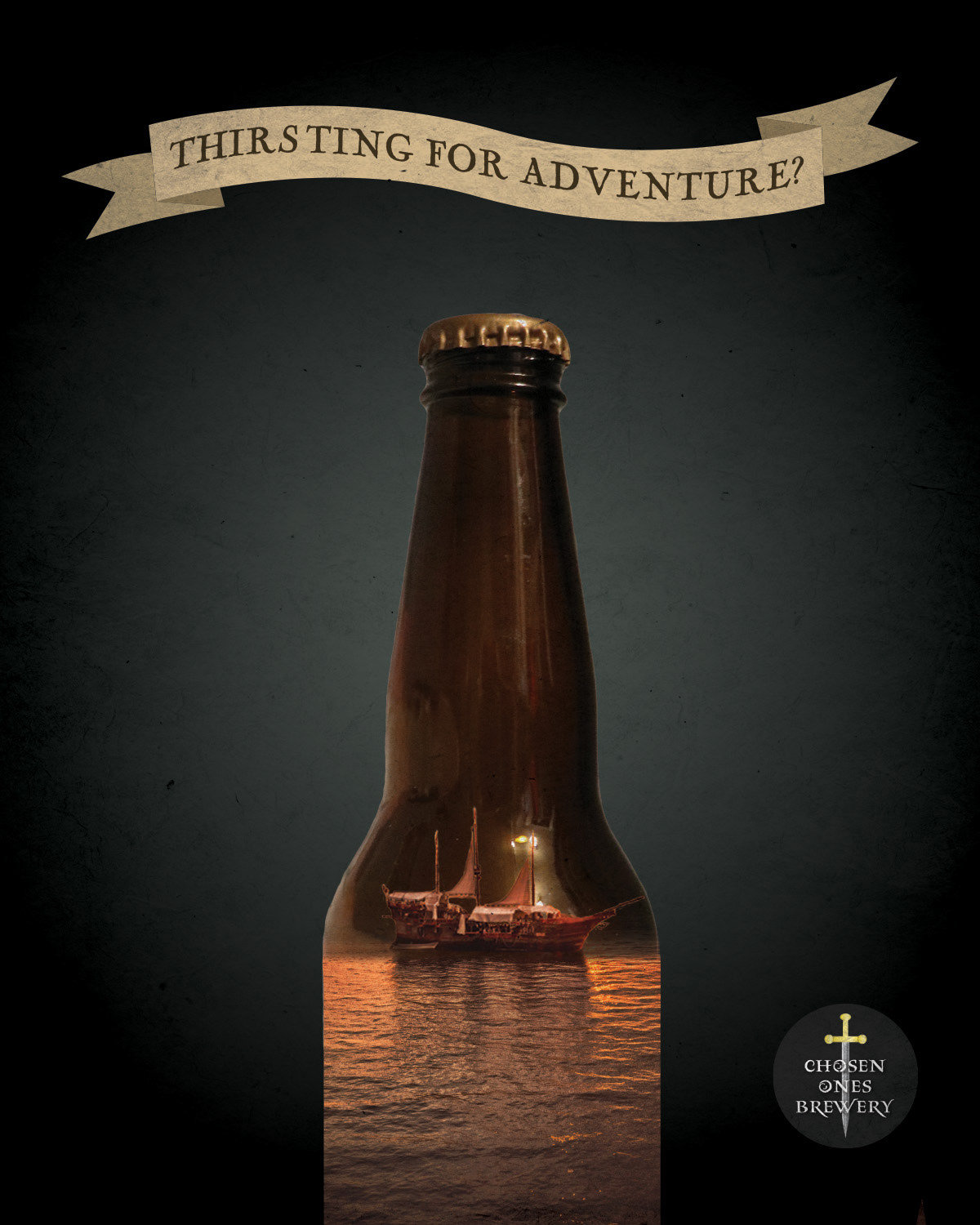 One of my rough concepts, depicting a ship sailing on an ocean within the bottle.