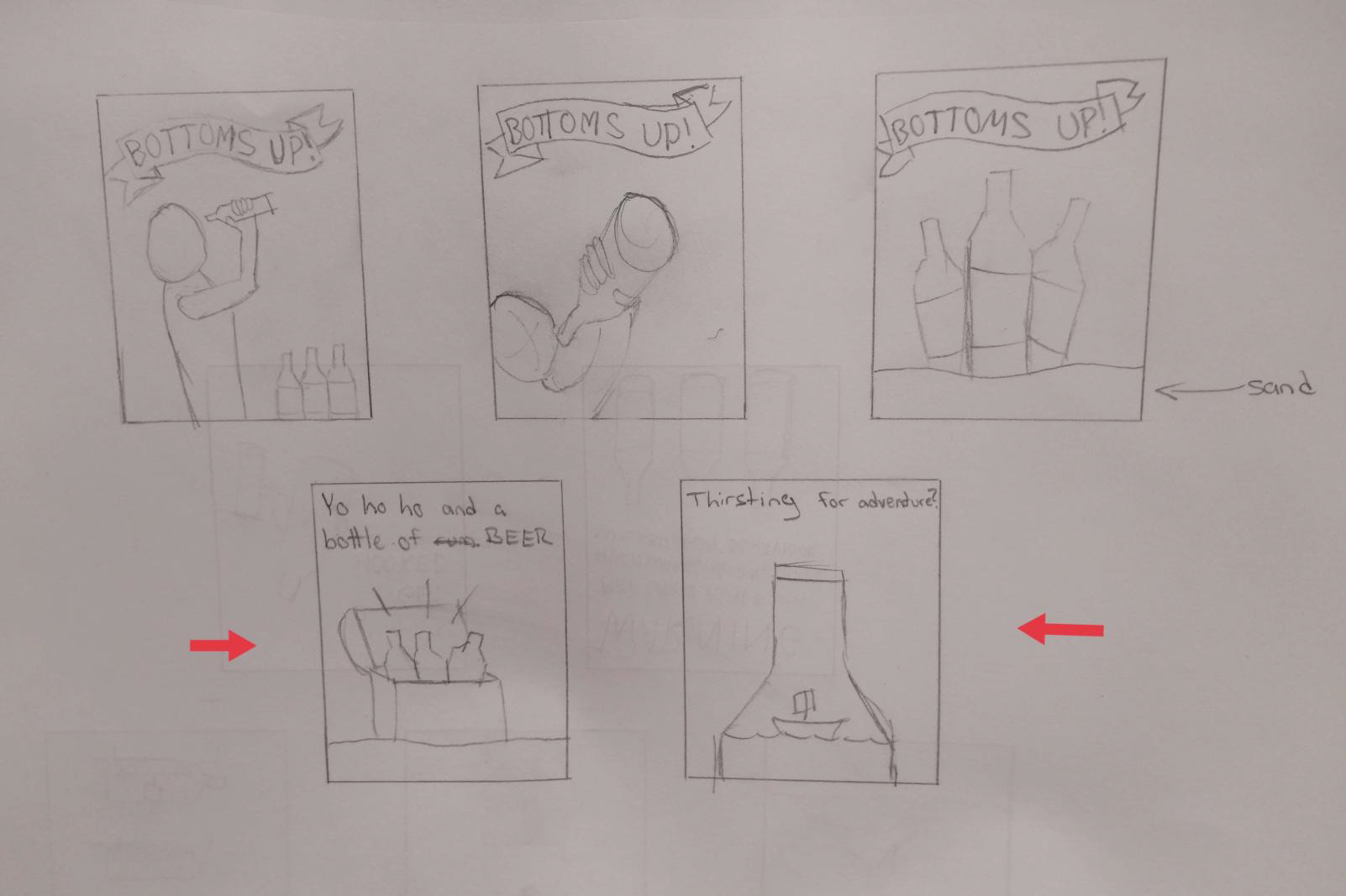 Five of my initial concept sketches. Two of the sketches I considered developing further are indicated with red arrows.