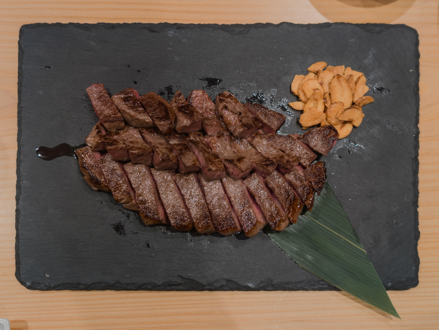 Wagyu beef with roasted garlic chips