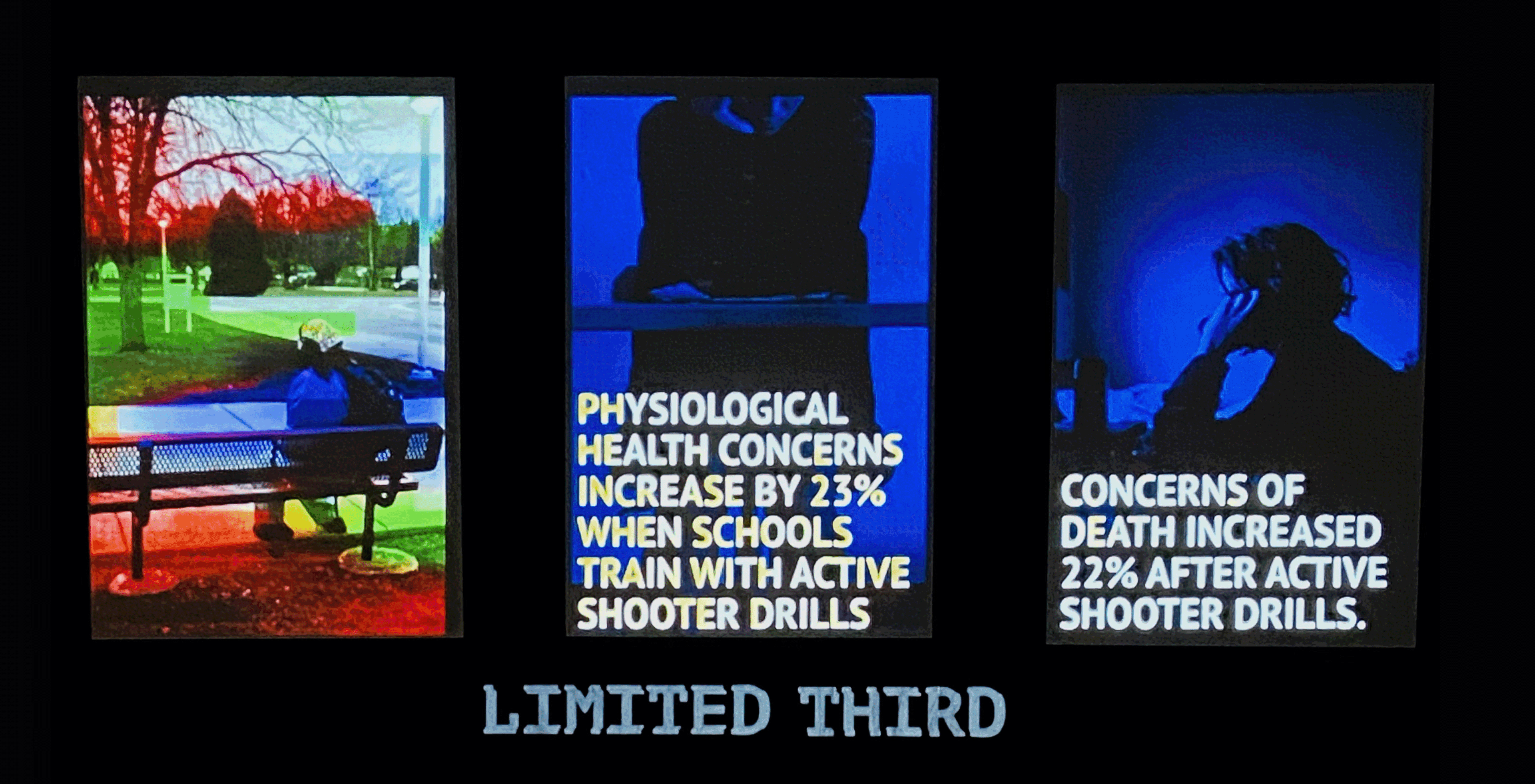 Motion Graphic cycling through statistics of school shootings.