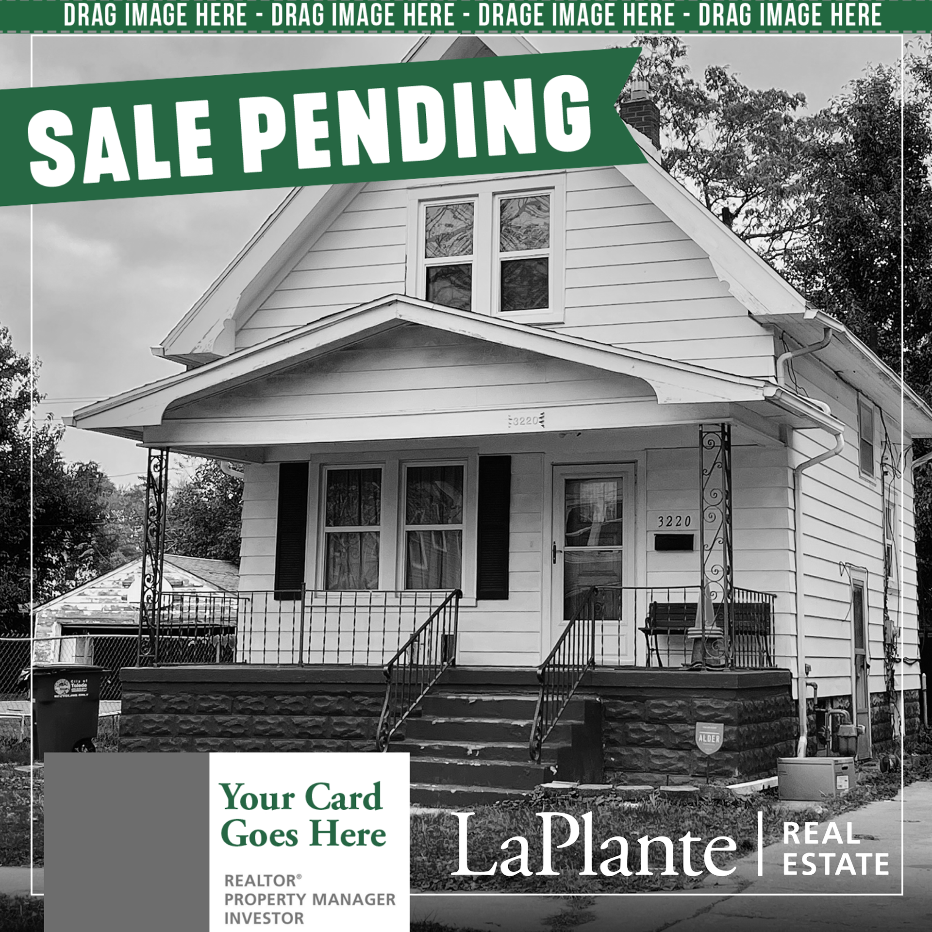 A template used for Real Estate branding with a banner titling sale pending, a business card, and a black and white house photograph