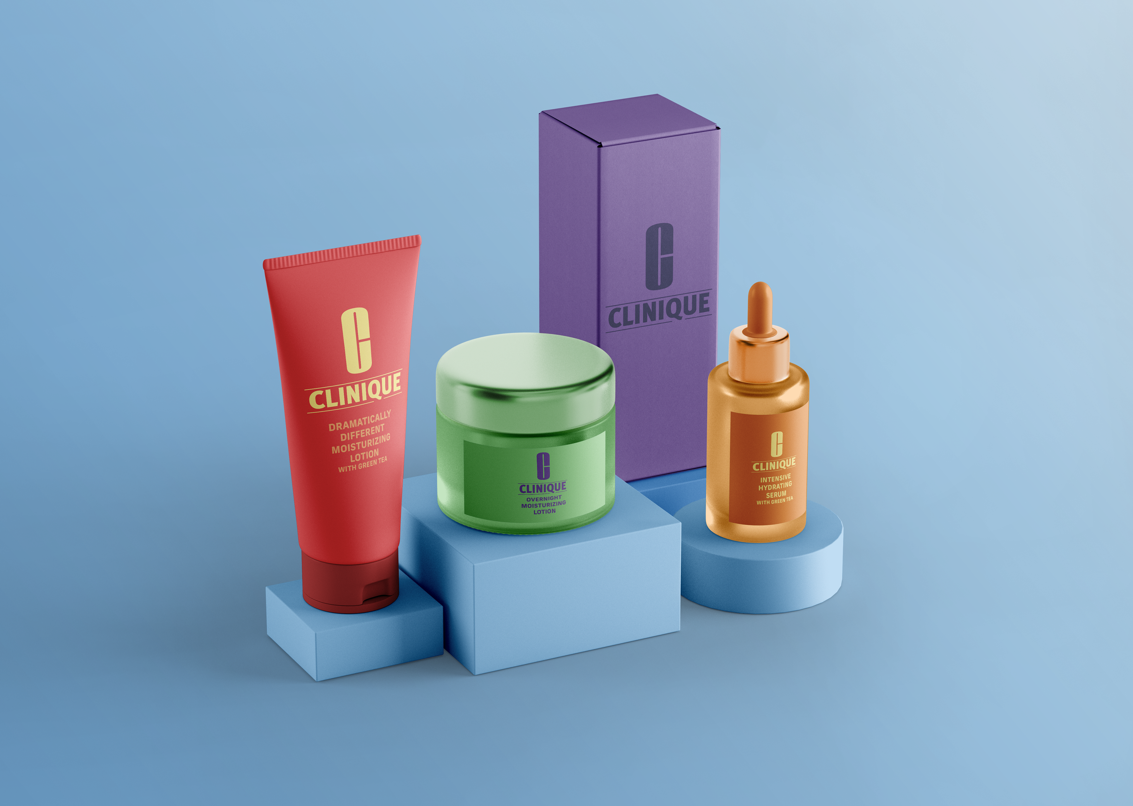 Four Clinique packages sitting on blue boxes.