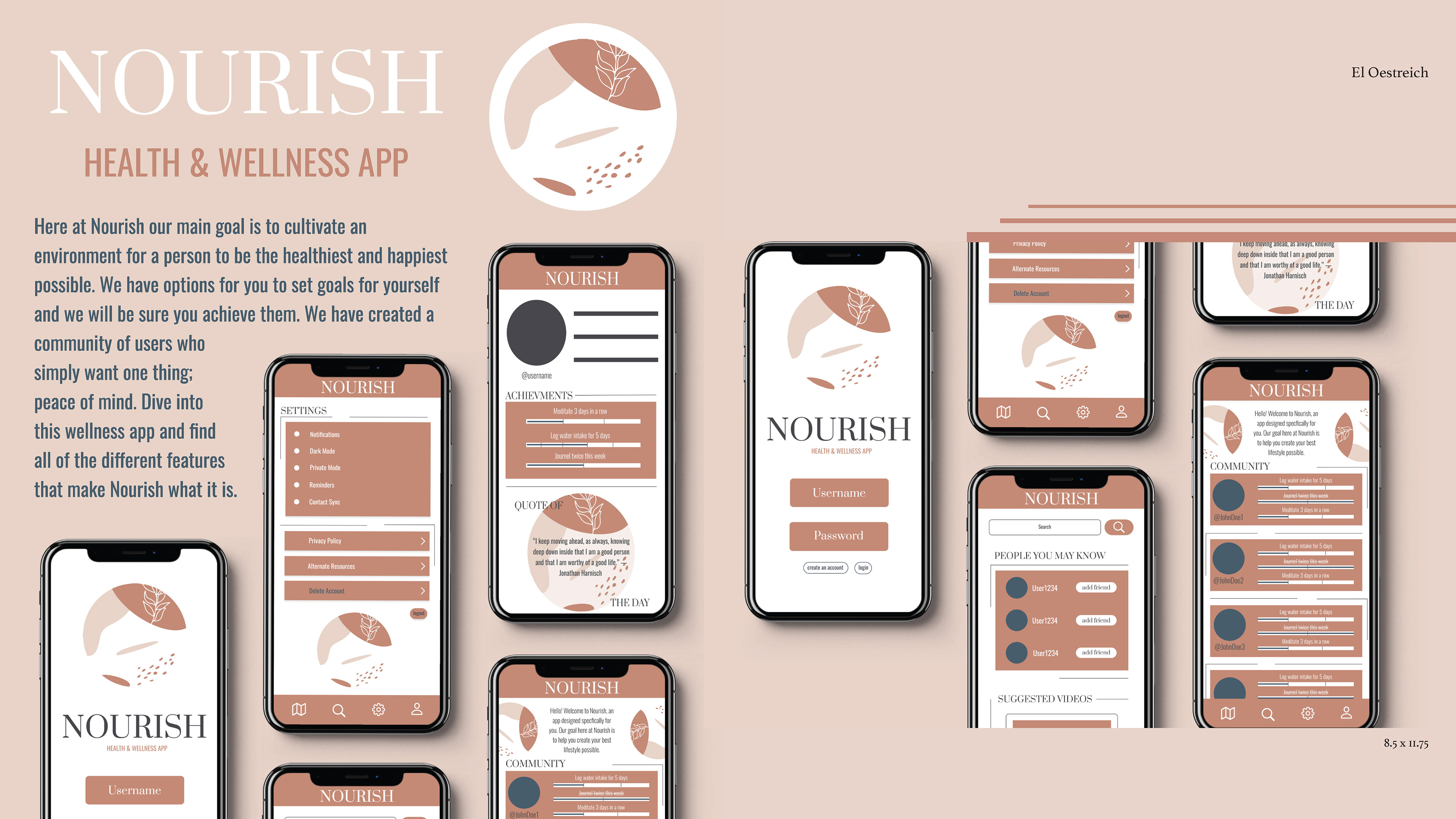 Several phones displaying the health and wellness app Nourish