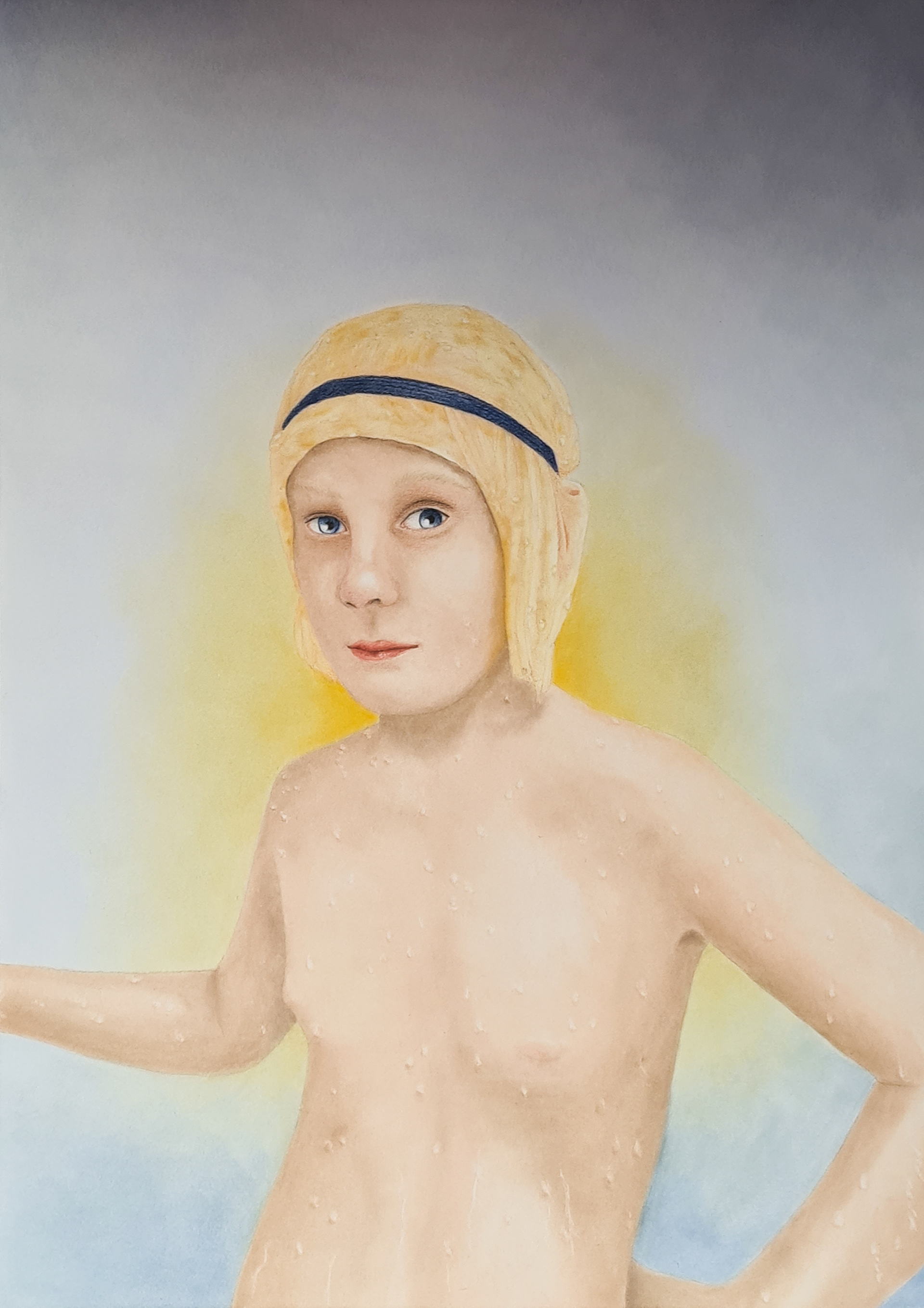 Young child with a yellow shower cap on a blue and yellow background.