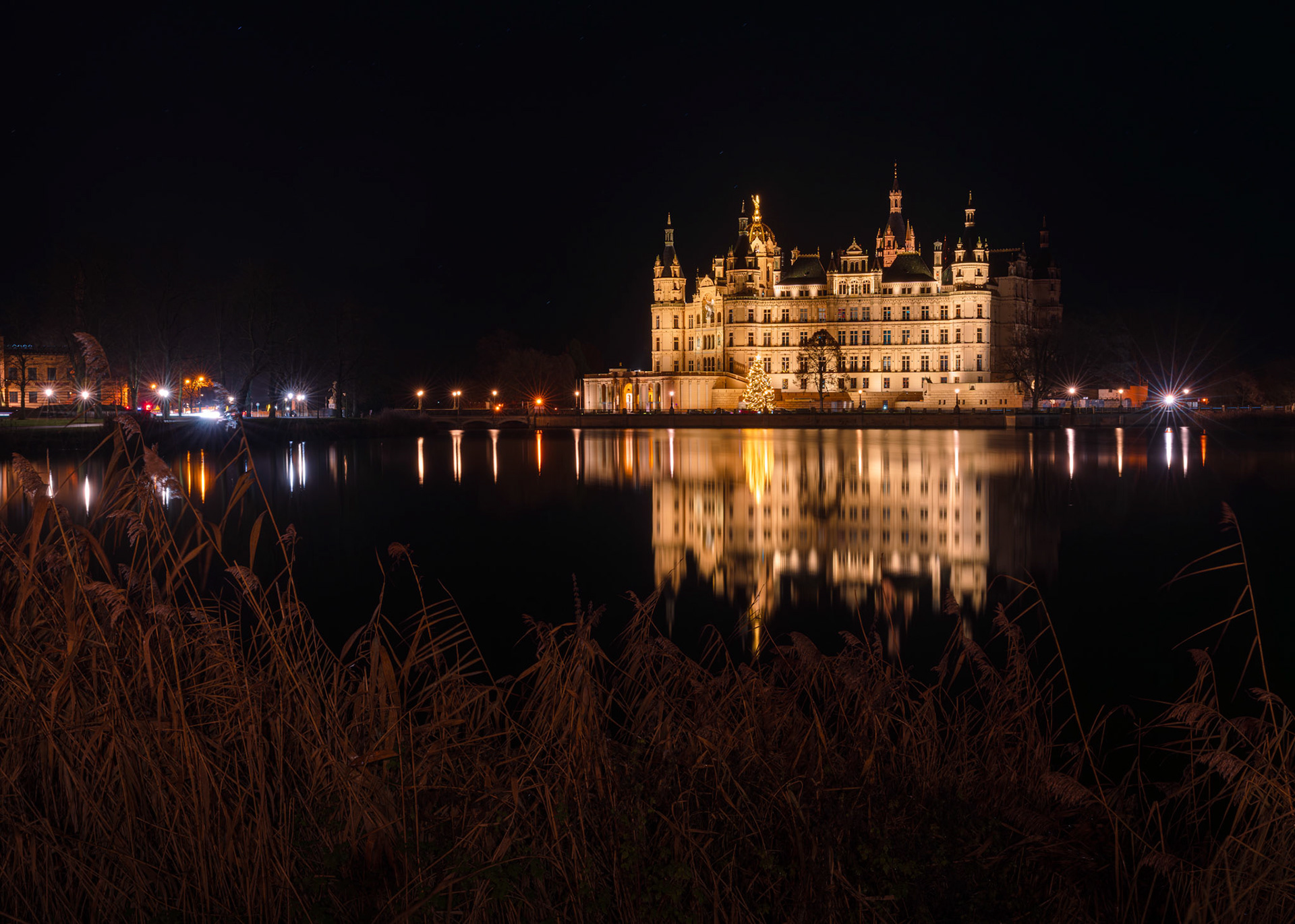 Schwerin Castle at night with reflection