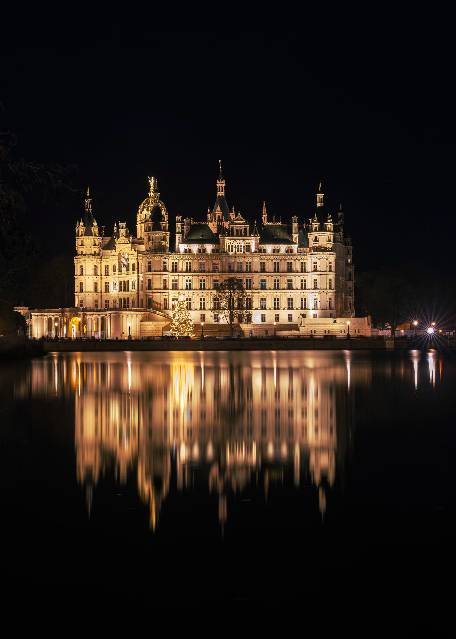Schwerin Castle at night with reflection