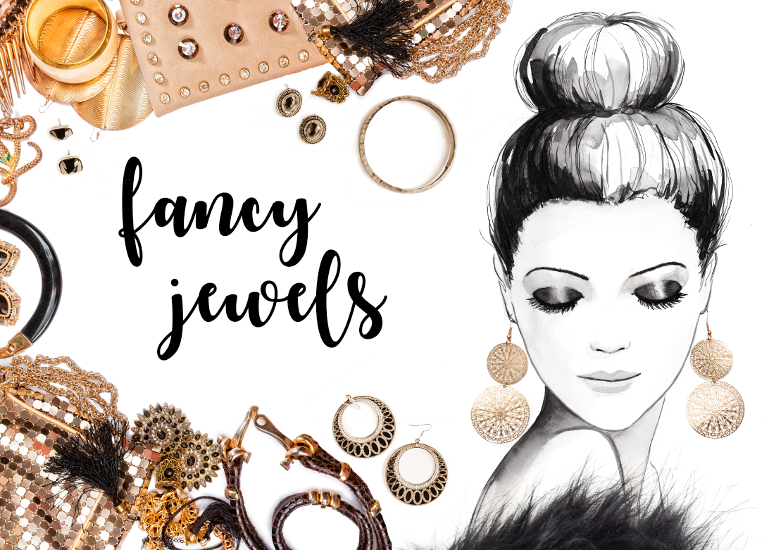 Beauty Illustration in schwarz weiß gezeichnet mit Tusche. Das Model hat das Gesicht zum Betrachter, schaut aber nach unten. Sie trägt an beiden Ohrringen große auffällige Ohrringe in gold. Die Ohrringe bestehen jeweils auf zwei goldenen Kreisen, der untere ist größer aus der obere. Auf dem Kopf trägt sie einen Dutt. Sie trägt starkes Augen Make-Up mit Smokey Eyes. Von unten ragt ein schwarzer Fake Fur ins Bild, abfotografiert. Links von ihr ist steht in schwarz ein Schriftzug „Fancy Jewels“. Links und oben und unten liegen diverse goldene Accessoires wie Ohrringe, Handtaschen, Armbänder, Armreifen verstreut, alles von oben fotografiert. Das ganze ergibt eine Collage. Gezeichnet von Anna Schwarzer Beauty illustration in black and white drawn with black ink. The model faces the observer but looks down. She is wearing bold gold earrings. The earrings are two gold circles. Her hair is styled in a bun on top of her head. Her eyes show a heavy make up creating the classic smokey eye look. Her shoulders are exposed but she is wearing a black fake fur. To her left is a sign that says „fancy jewels“. From the left, top and bottom is an arrangement of various accessories in gold, like earrings, clutches, handbags, bracelets, wristbands. All photographed from the top. Together with the beauty illustration it creates a collage look. Drawn by Anna Schwarzer