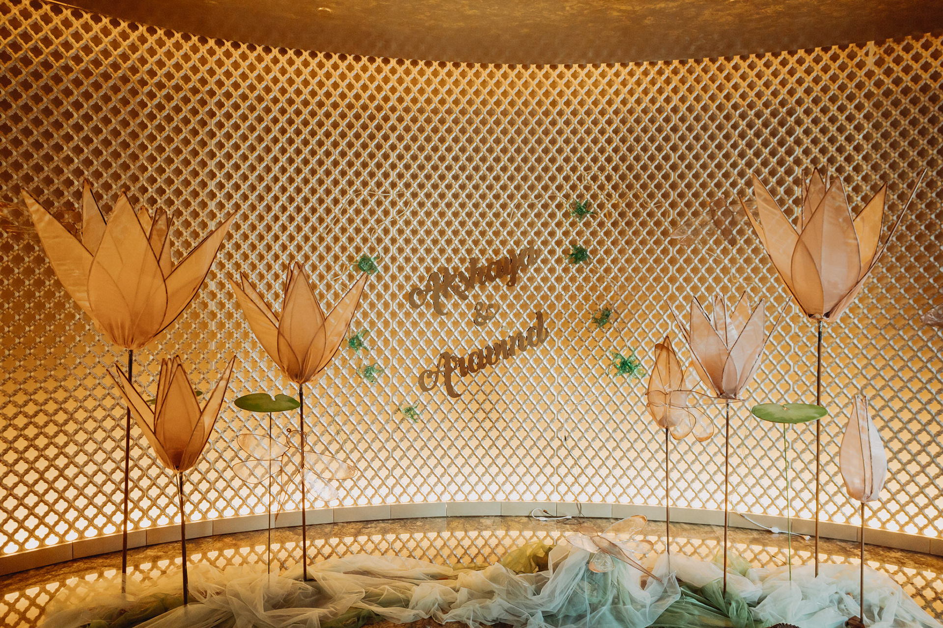 The entrance lobby was transformed into a Photo Booth, with water lilies fabricated from welded metal frames, over which dreamy organza fabric was stretched.