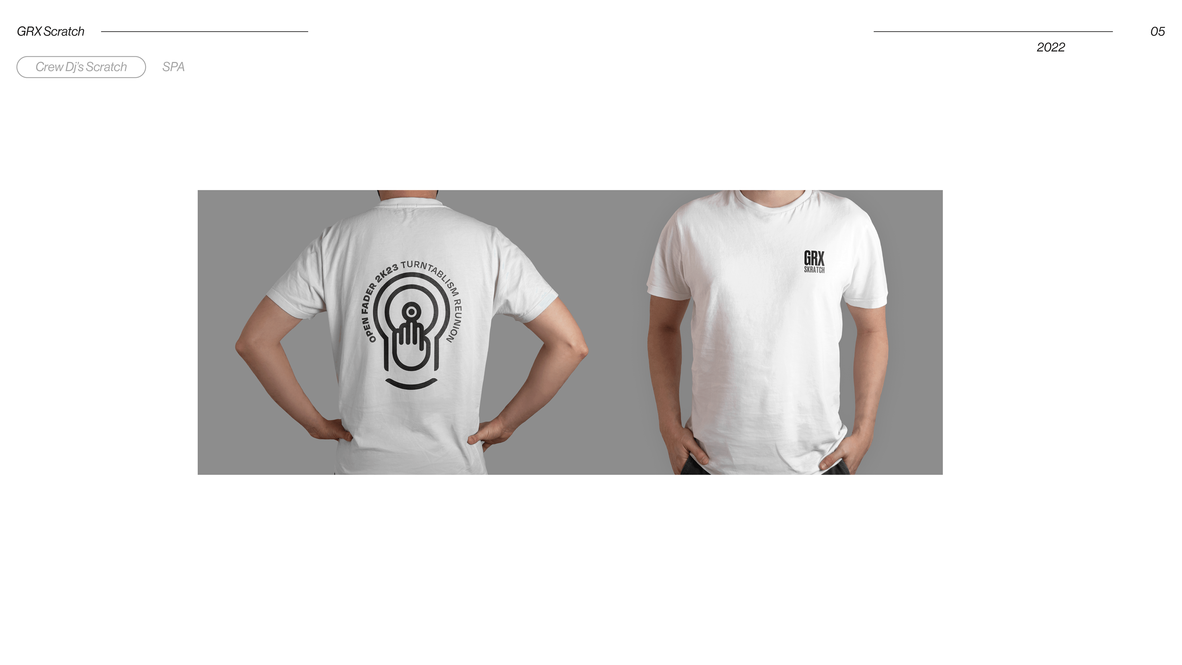 GRX Scratch DJ cGRX Scratch alternative logo, geometric star with turntable and headphones symbol, DJ brand identity by Samu Diaz Spain 2022rew logo applied on white t-shirt mockup, front and back view, music brand identity by Samu Diaz Spain 2022